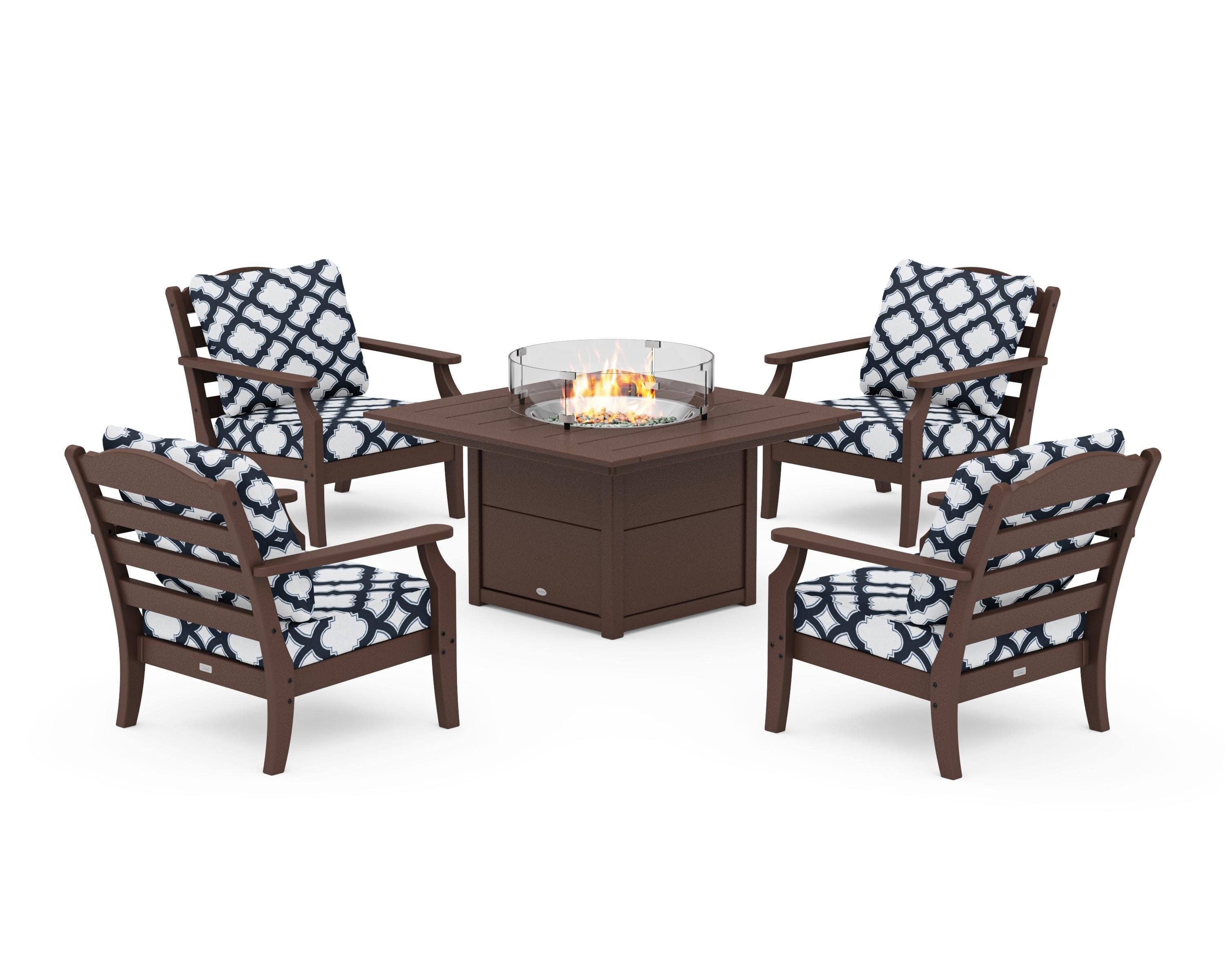 Savannah 5-Piece Deep Seating Set with Fire Pit Table in Mahogany / Trellis Marine Indigo