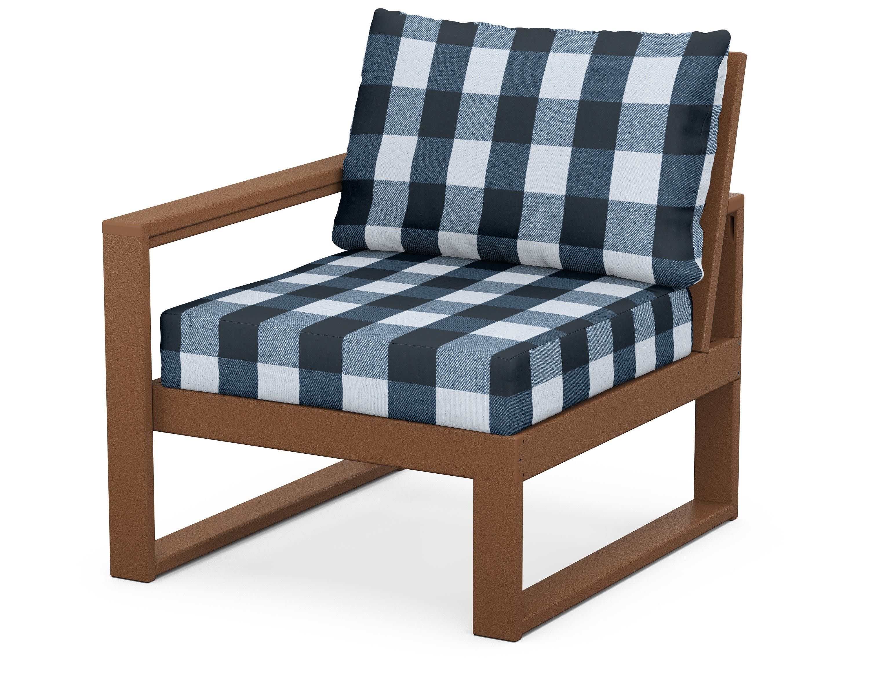 EDGE Modular Left Arm Chair in Teak / Buffalo Plaid Marine Indigo