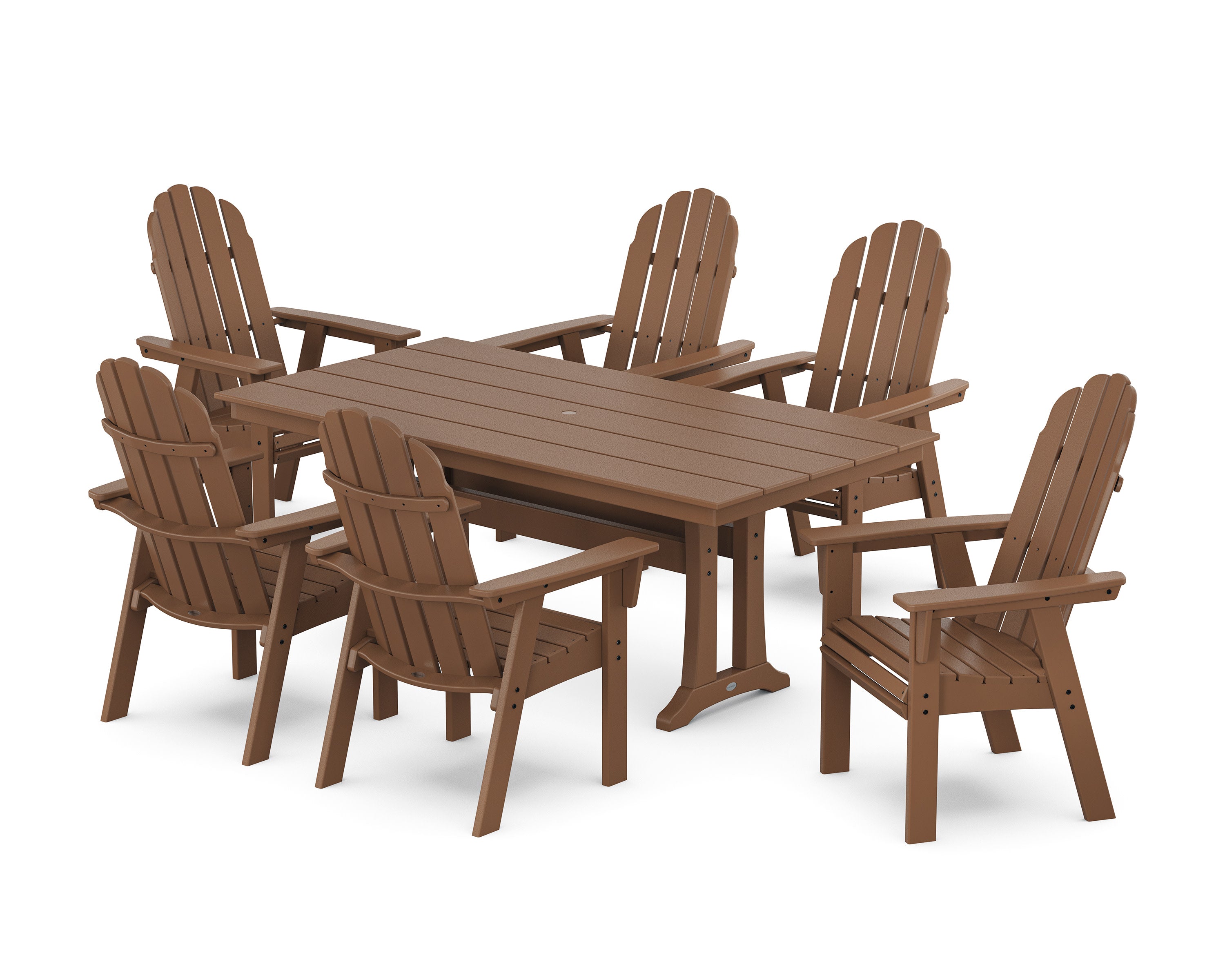 Vineyard Curveback Adirondack Chair 7-Piece Farmhouse Dining Set with Trestle Legs in Teak