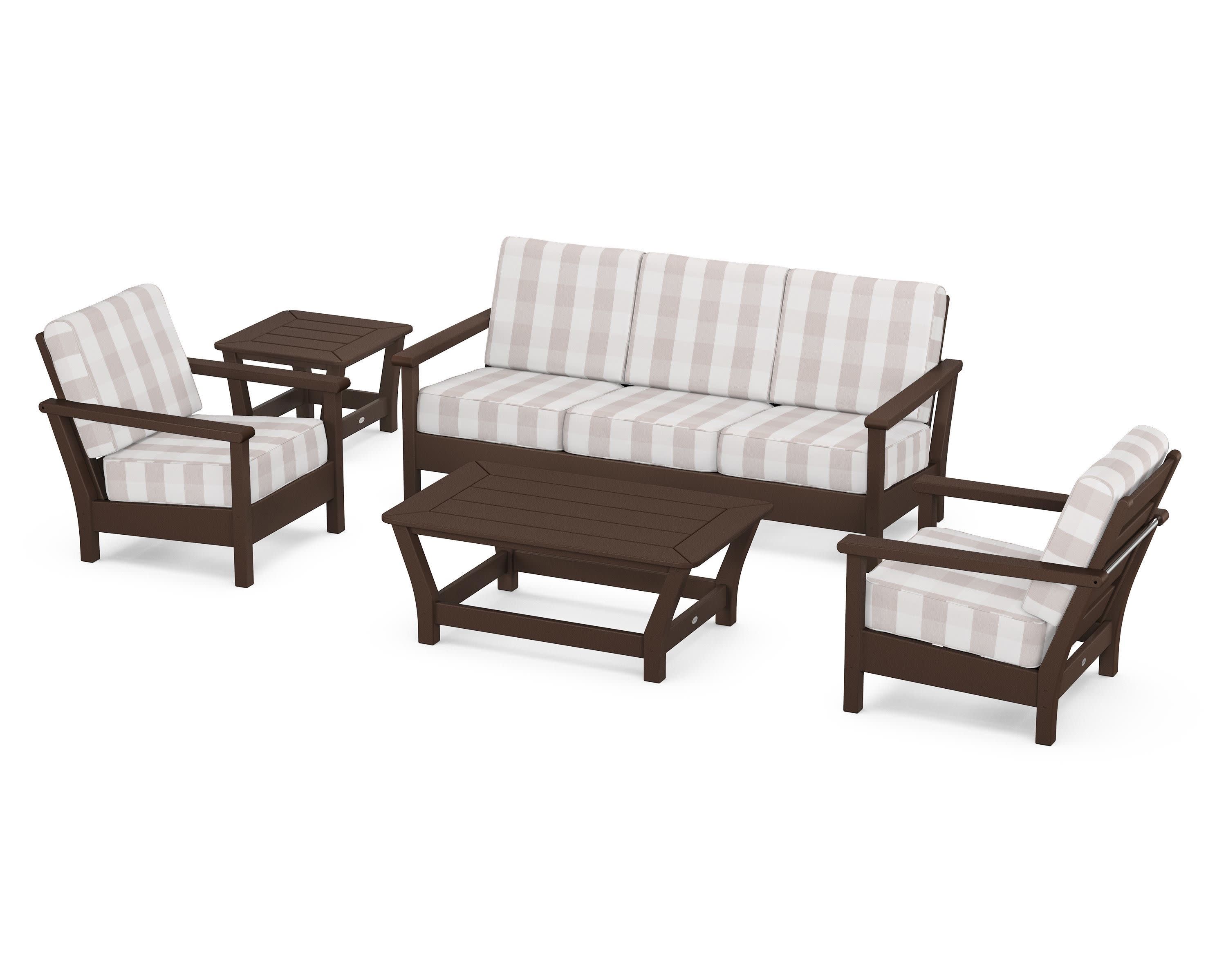 Harbour 5-Piece Deep Seating Set in Mahogany / Buffalo Plaid Dune Burlap