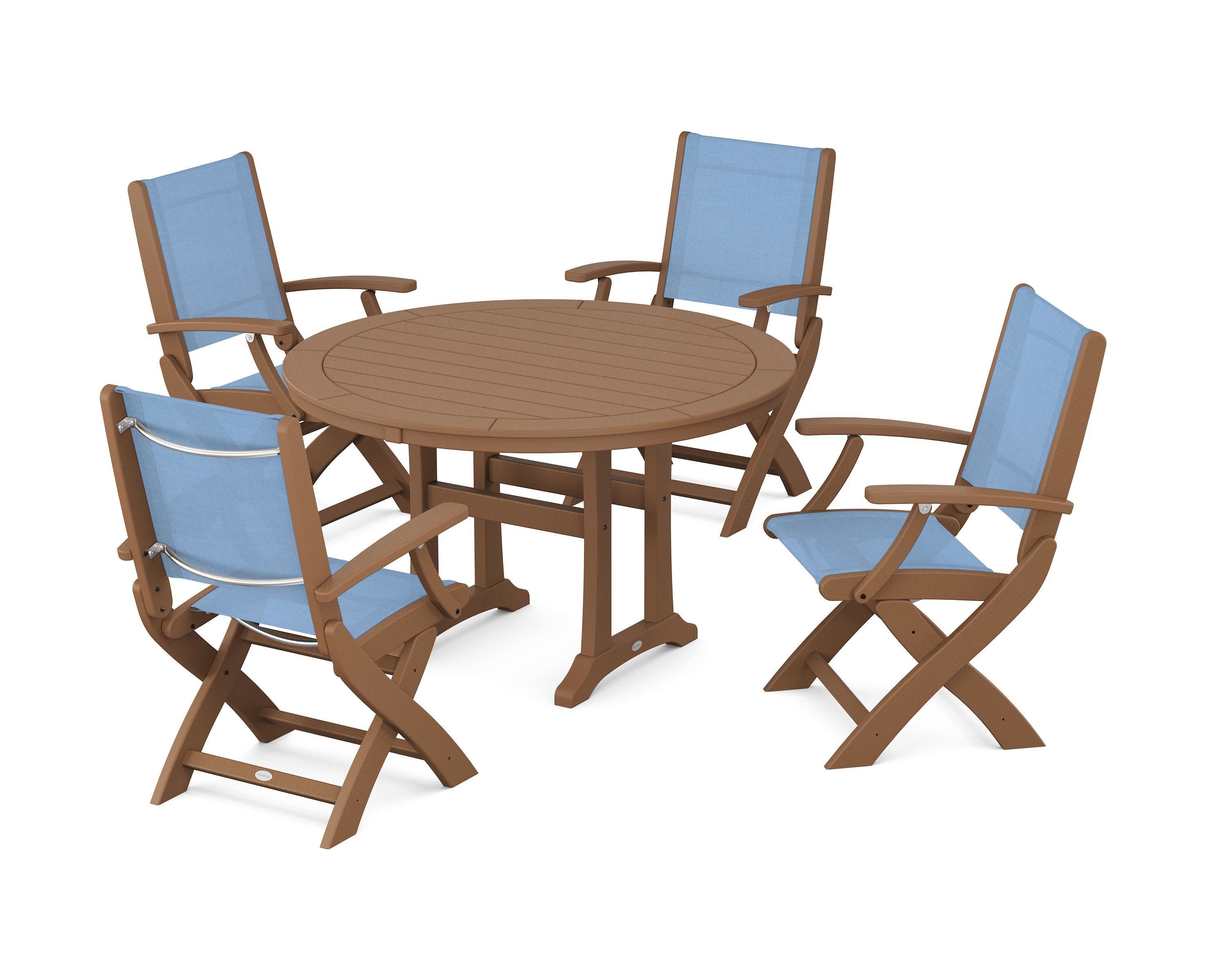 Coastal Folding Chair 5-Piece Round Dining Set with Trestle Legs in Teak / Poolside Sling