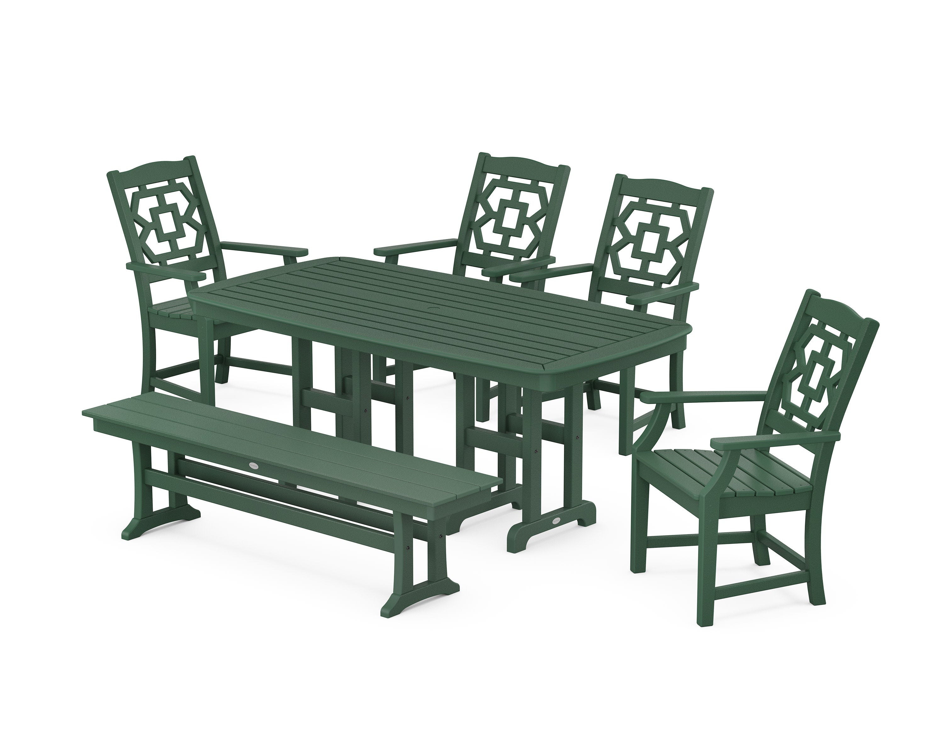 Chinoiserie 6-Piece Dining Set with Bench in Green