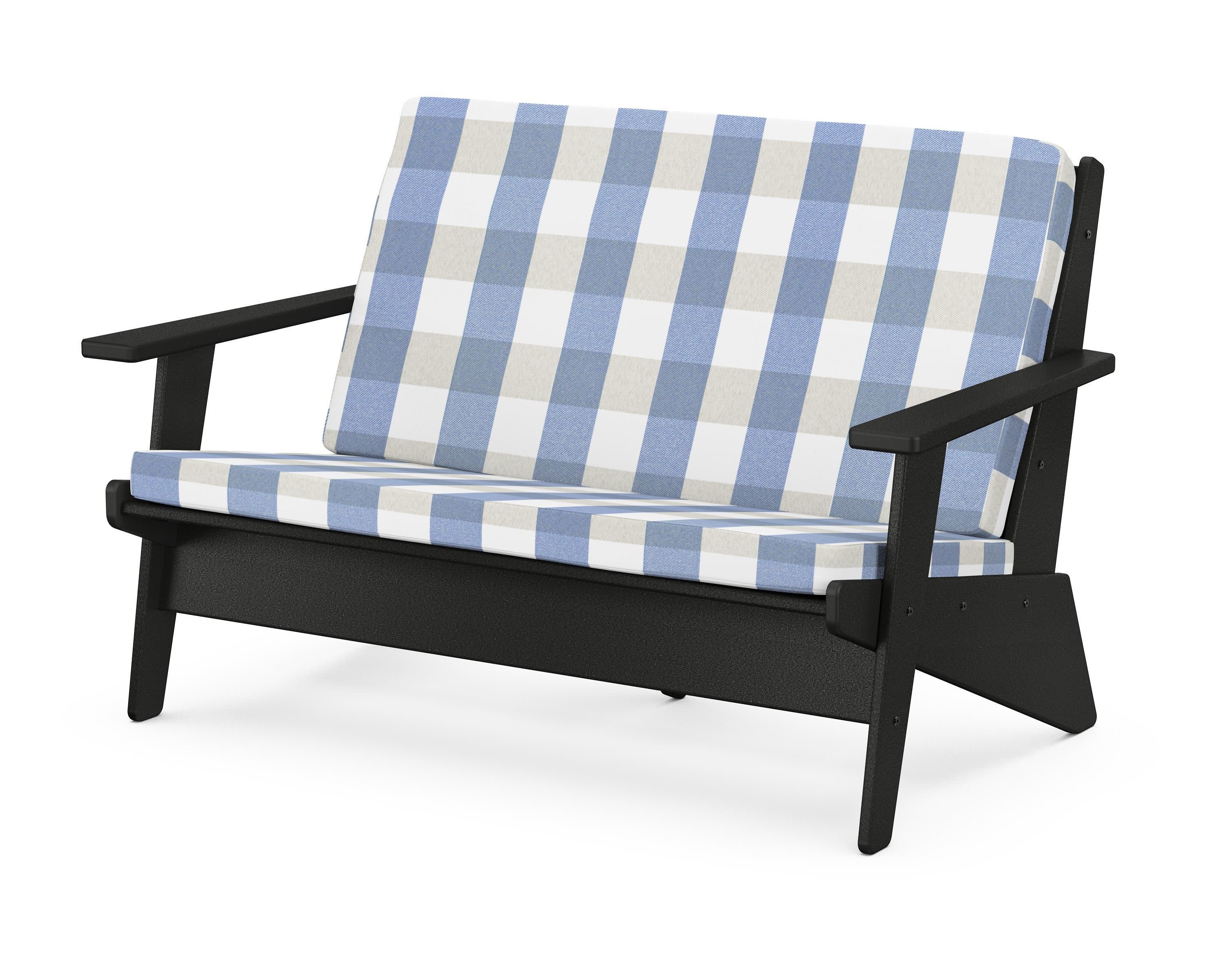 Riviera Modern Lounge Loveseat in Black / Buffalo Plaid Sky Blue