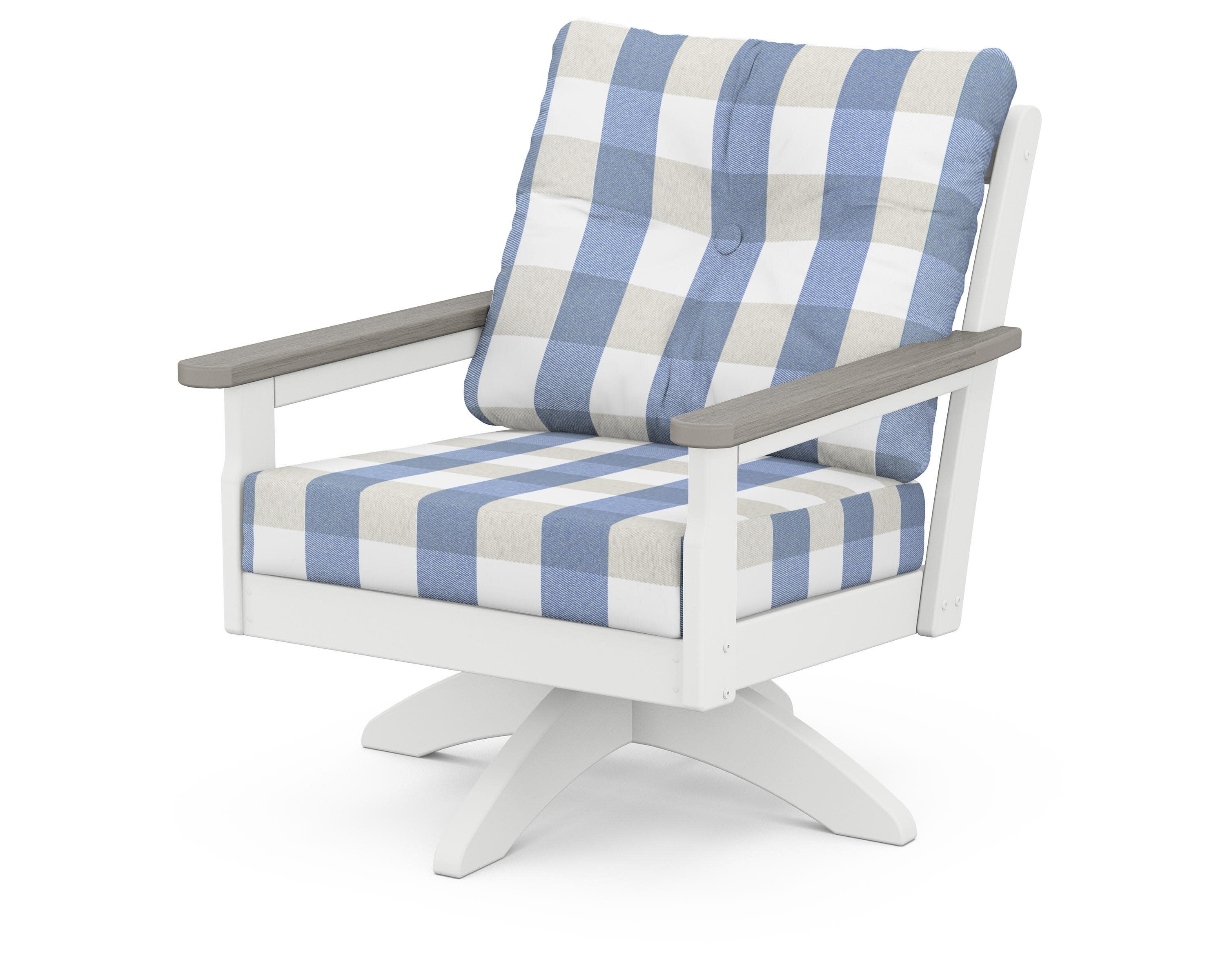 Vineyard Deep Seating Swivel Chair in White / Driftwood / Buffalo Plaid Sky Blue