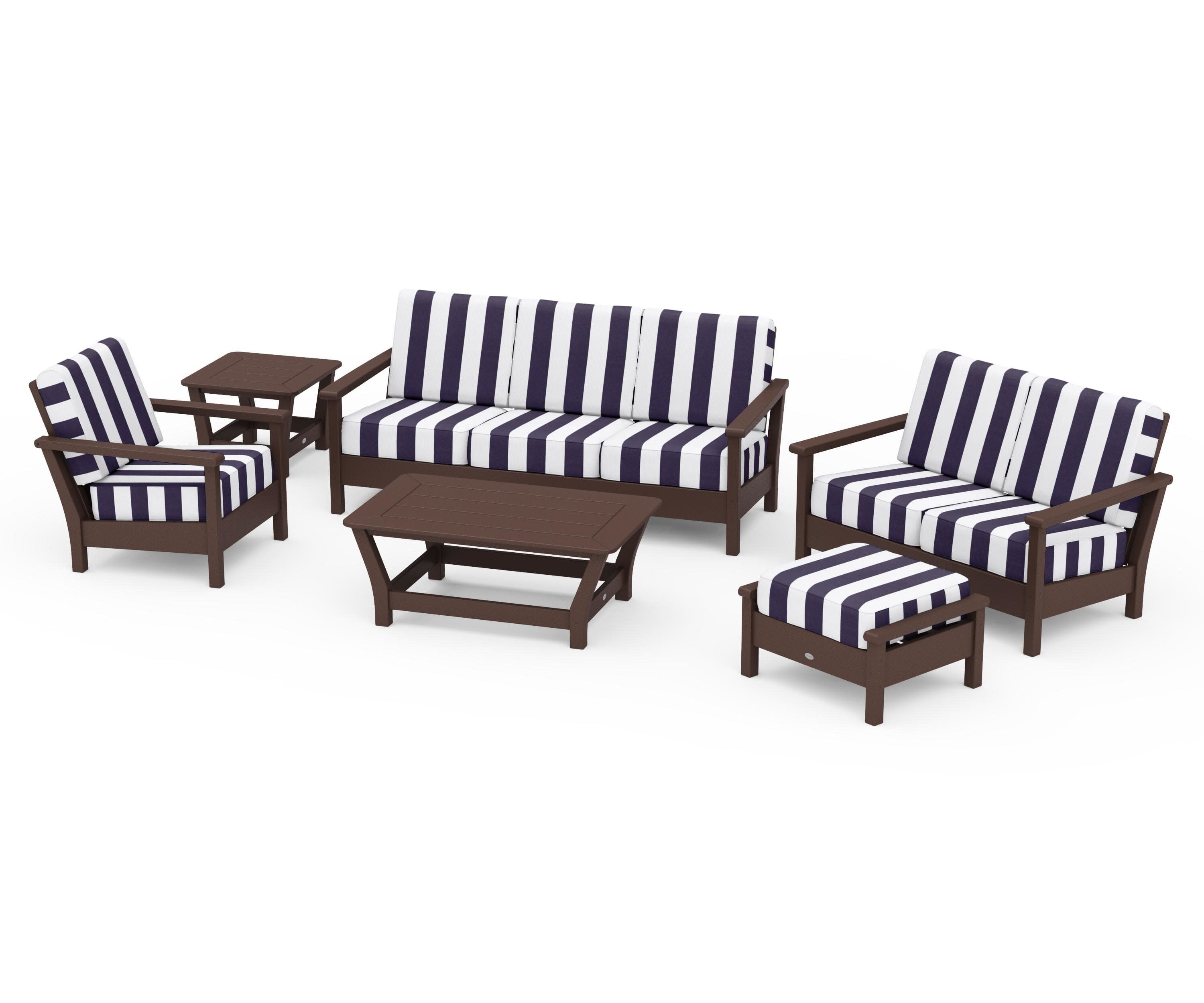 Harbour 6-Piece Outdoor Living Set in Mahogany / Cabana Stripe Navy