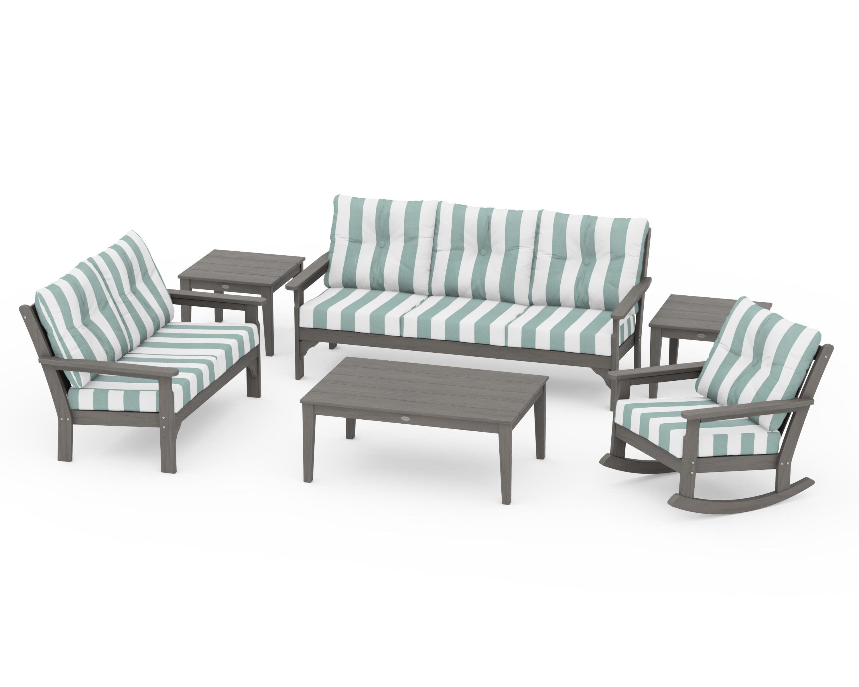 Vineyard 6-Piece Deep Seating Set in Driftwood / Cabana Stripe Glacier Spa