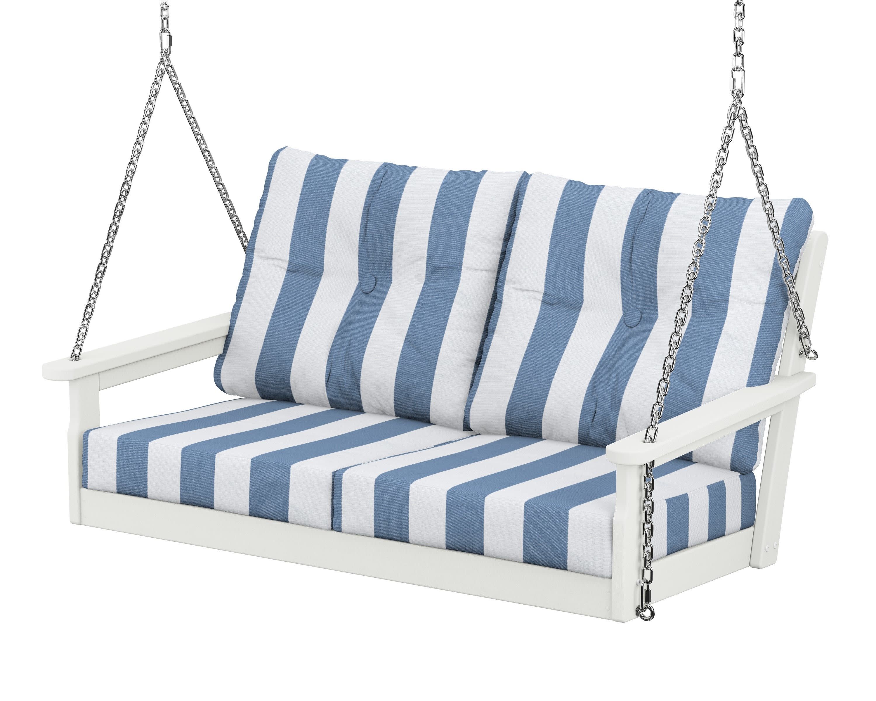 Vineyard Deep Seating Swing in Vintage White / Cabana Stripe Sky Blue