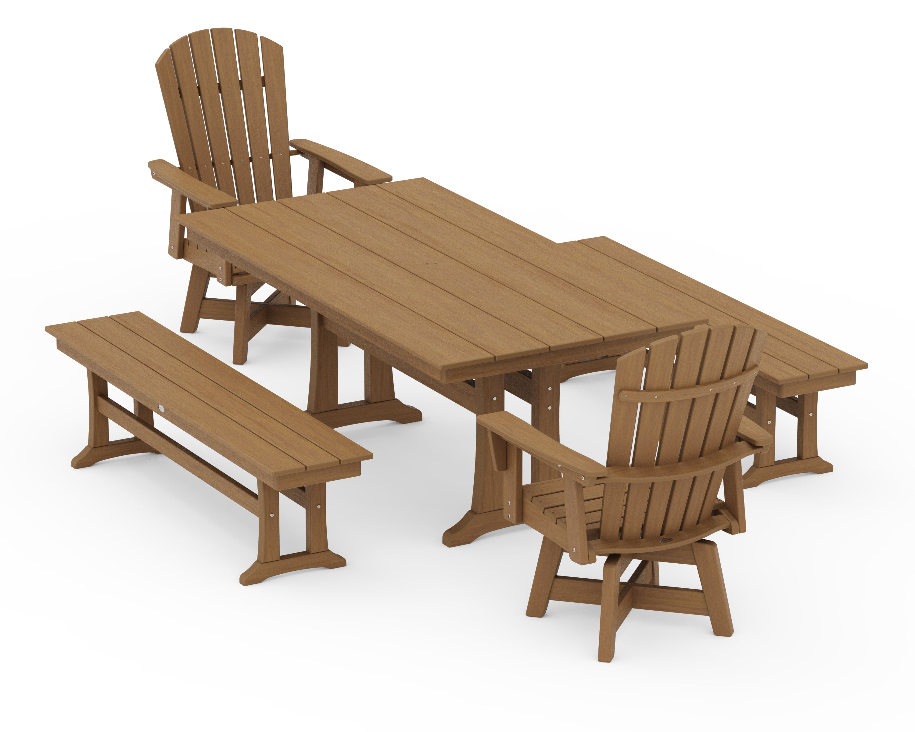 Nautical Curveback Adirondack Swivel Chair 5-Piece Farmhouse Dining Set With Trestle Legs and Benches in Natural