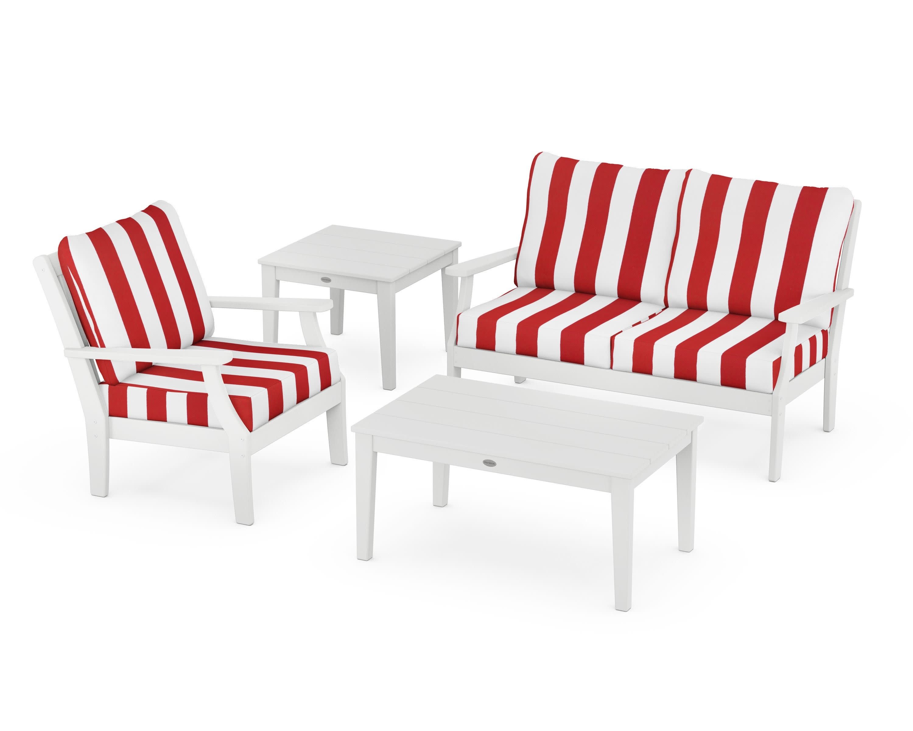 Braxton 4-Piece Deep Seating Set in White / Cabana Stripe Crimson