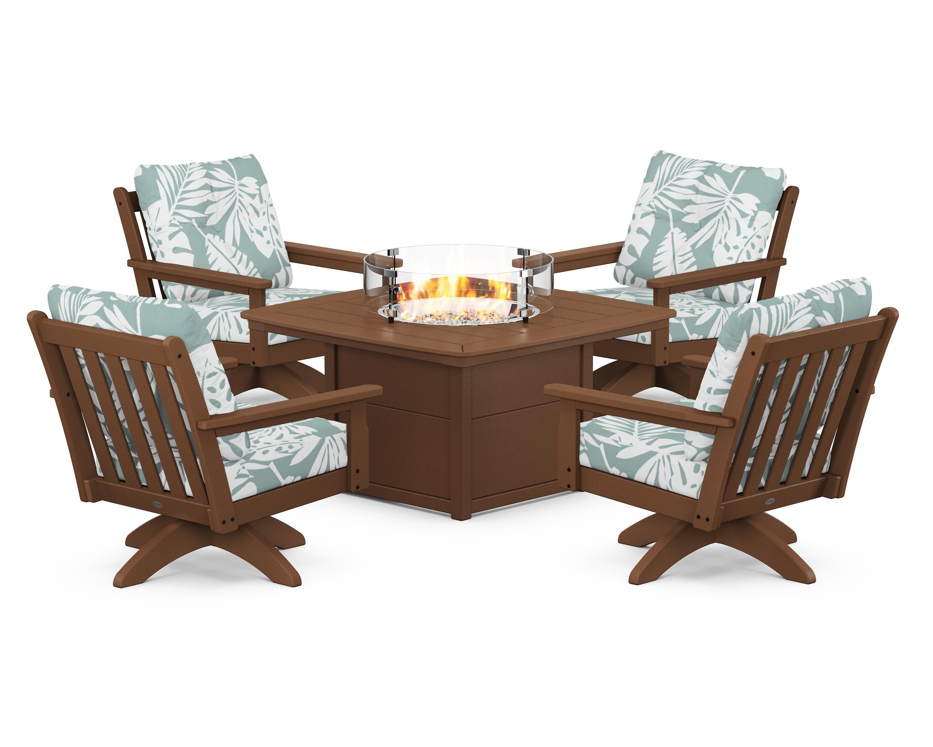 Vineyard 5-Piece Deep Seating Swivel Conversation Set with Fire Pit Table in Teak / Leaf Glacier Spa