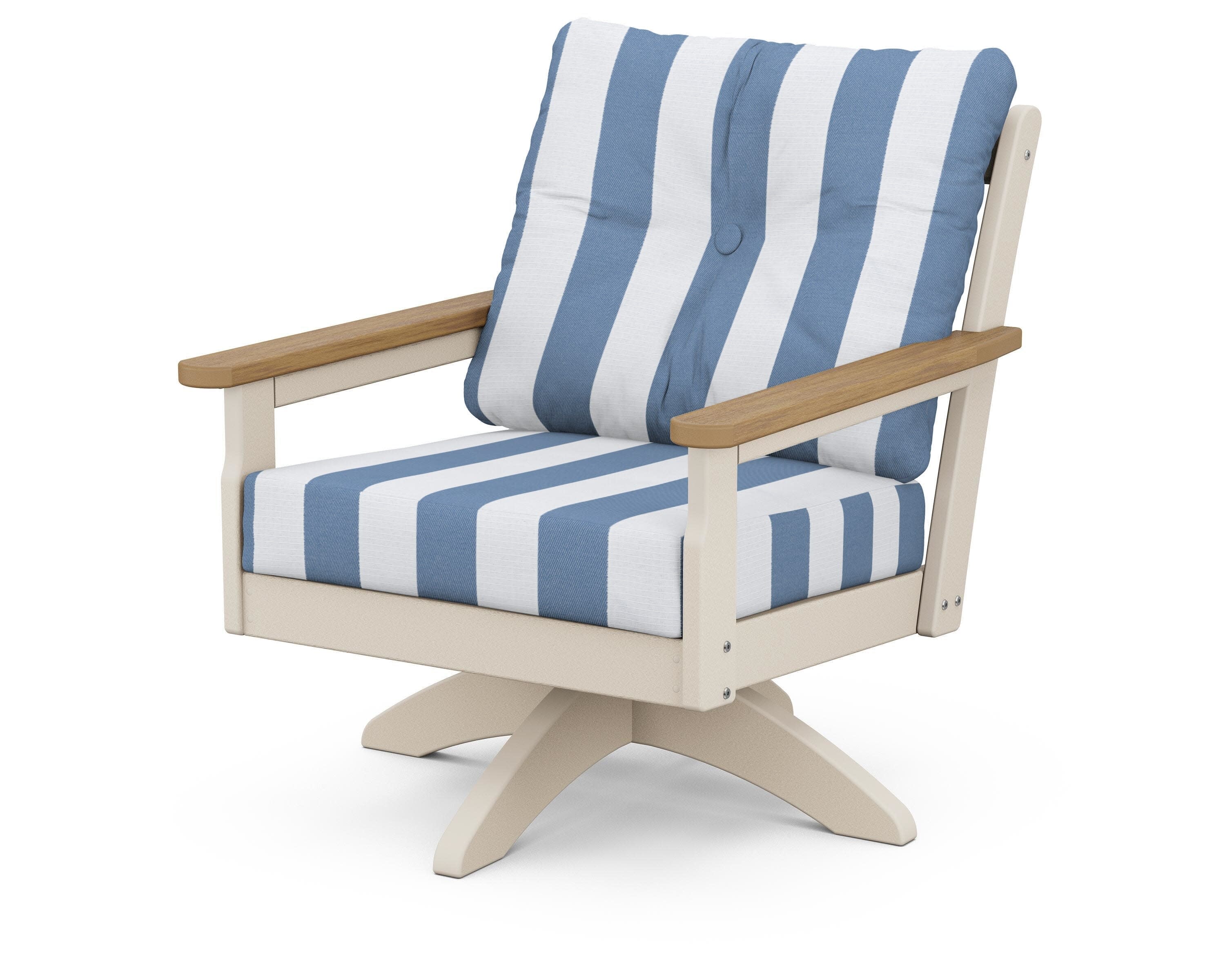 Vineyard Deep Seating Swivel Chair in Sand / Natural / Cabana Stripe Sky Blue