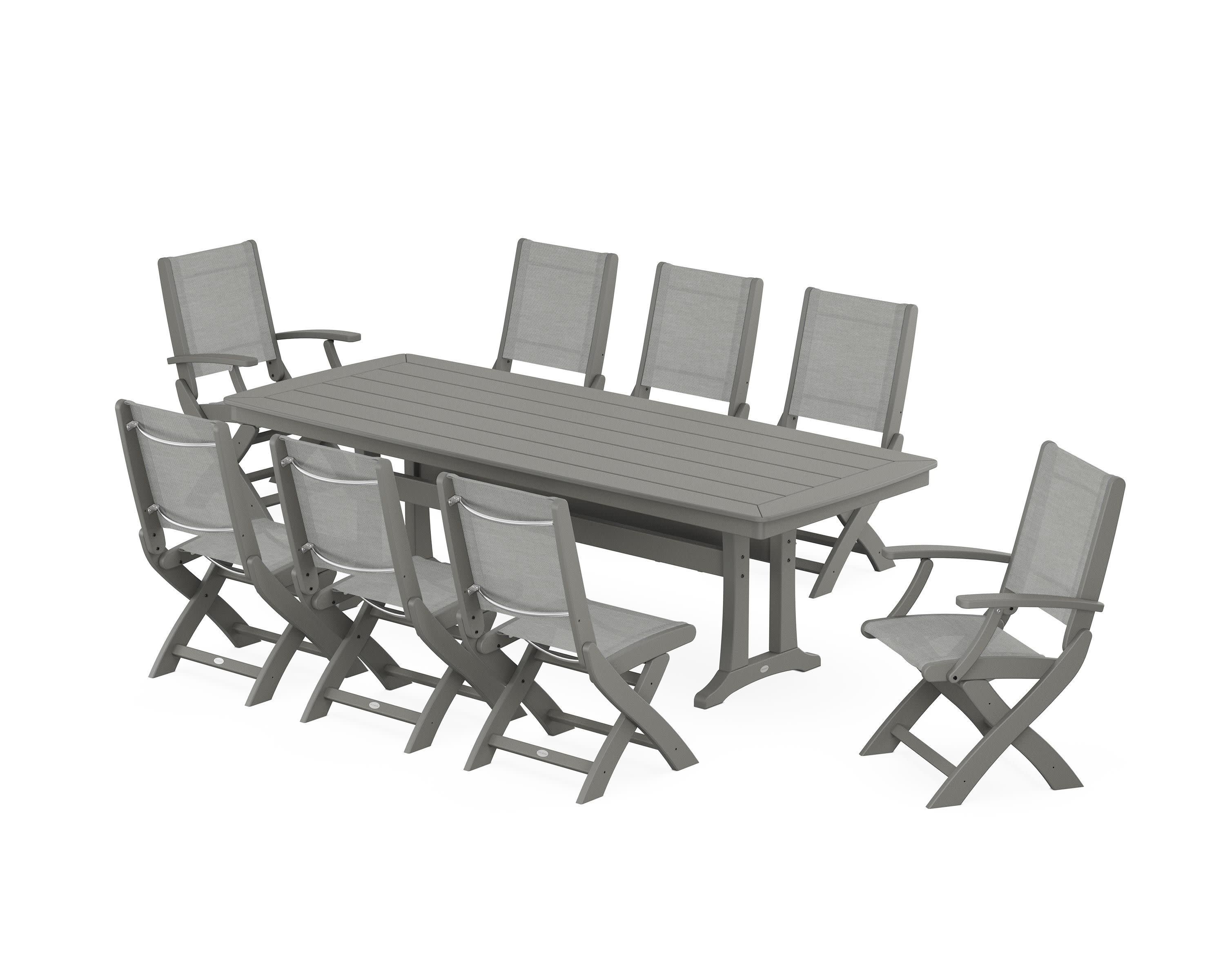 Coastal Folding 9-Piece Dining Set with Trestle Legs in Slate Grey / Metallic Sling