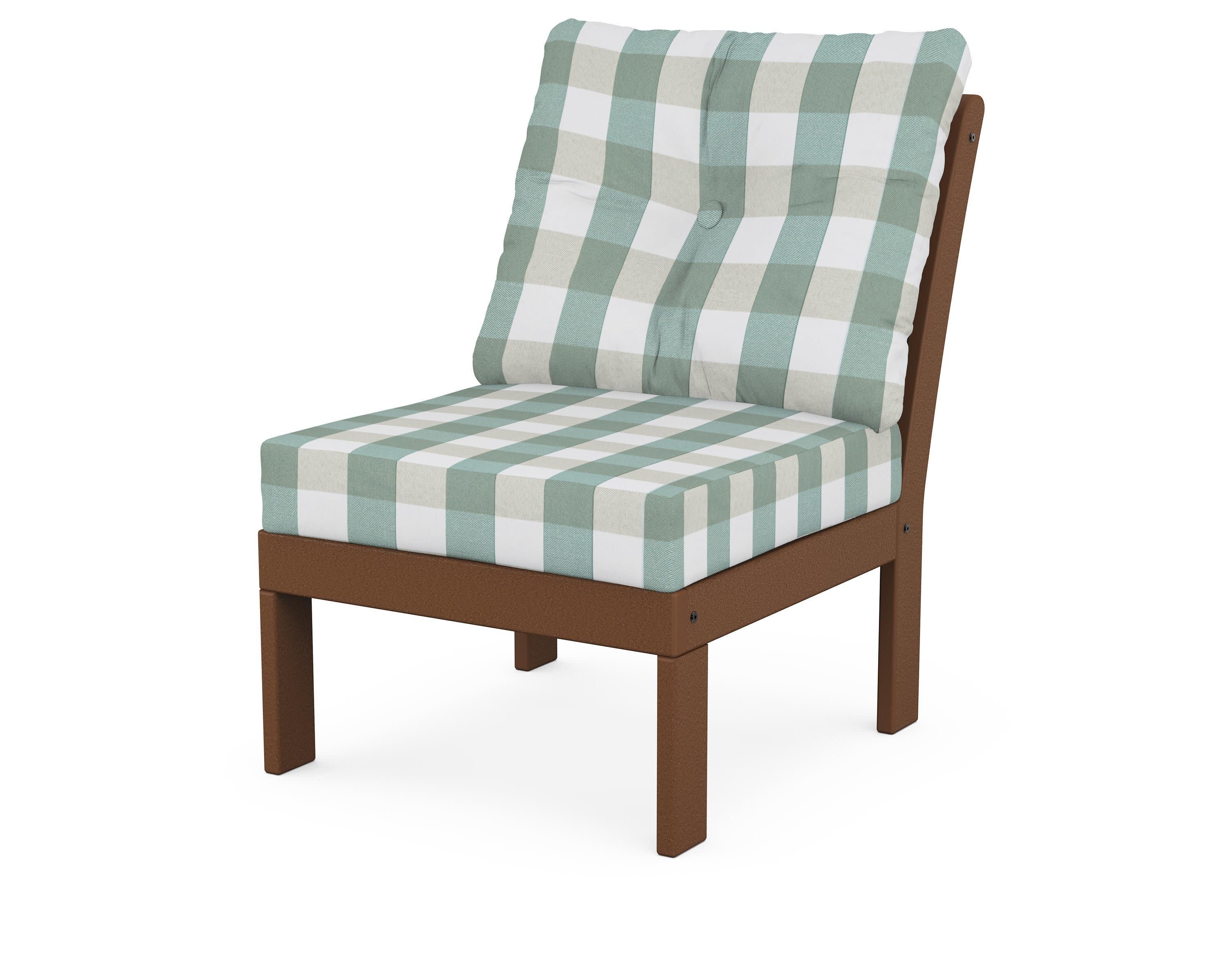 Vineyard Modular Armless Chair in Teak / Buffalo Plaid Glacier Spa