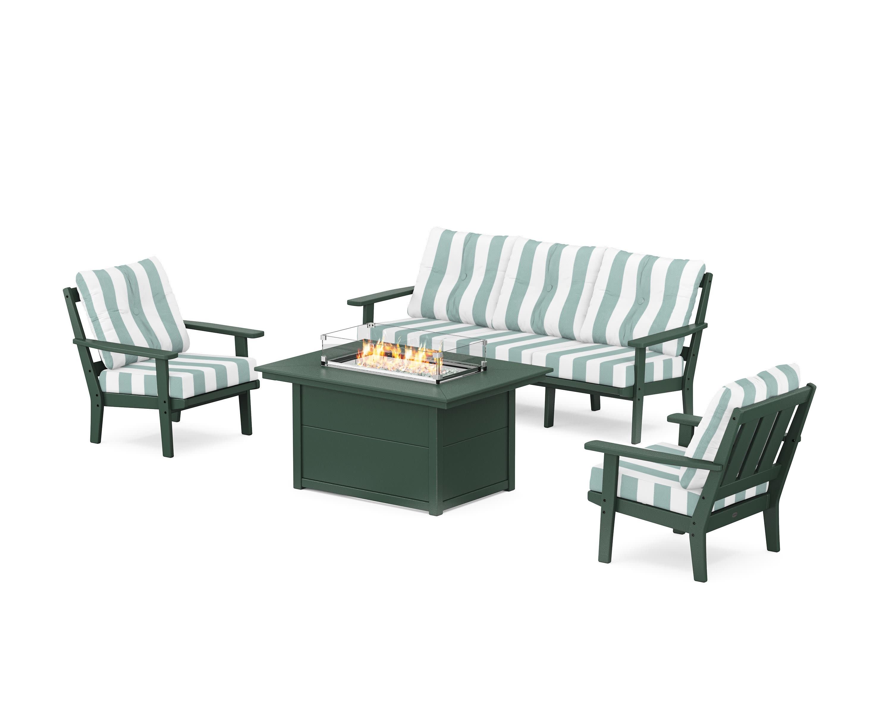 Oxford Deep Seating Fire Pit Table Set in Green / Cabana Stripe Glacier Spa