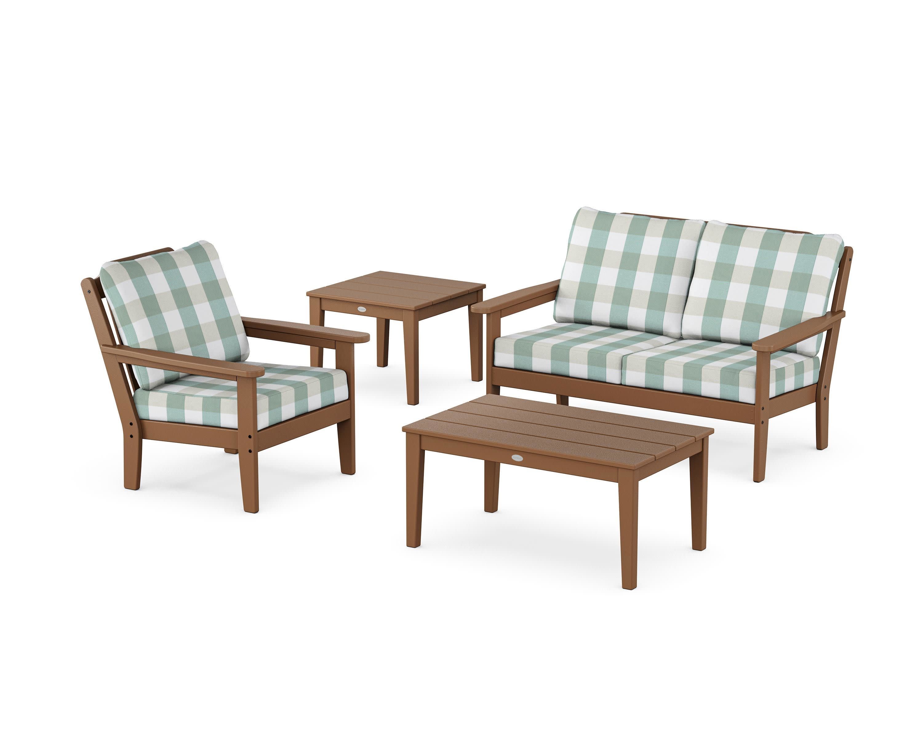 Wovendale 4-Piece Deep Seating Set in Teak / Buffalo Plaid Glacier Spa