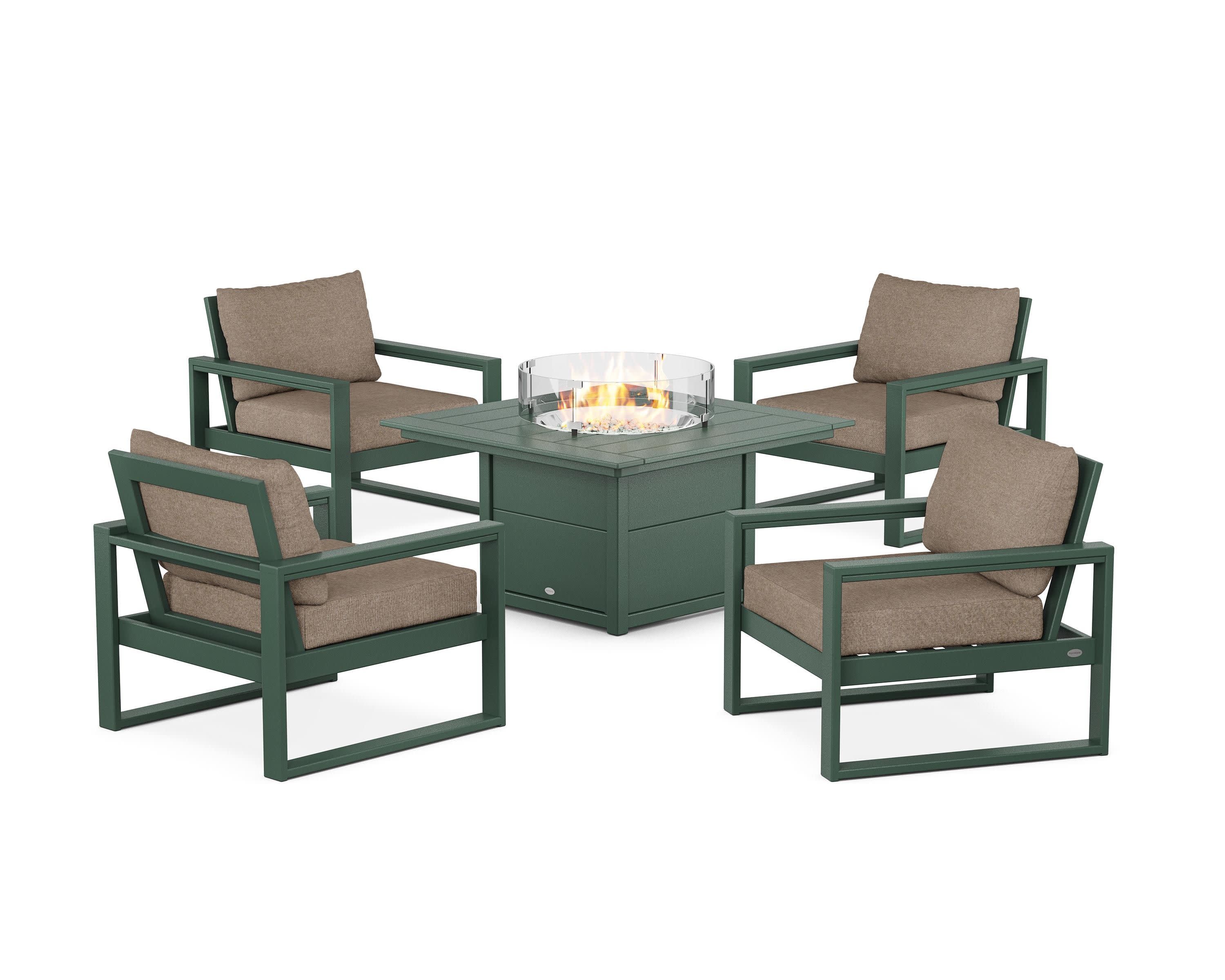 EDGE Sectional 5-Piece Deep Seating Set with Fire Pit Table in Green / Spiced Burlap