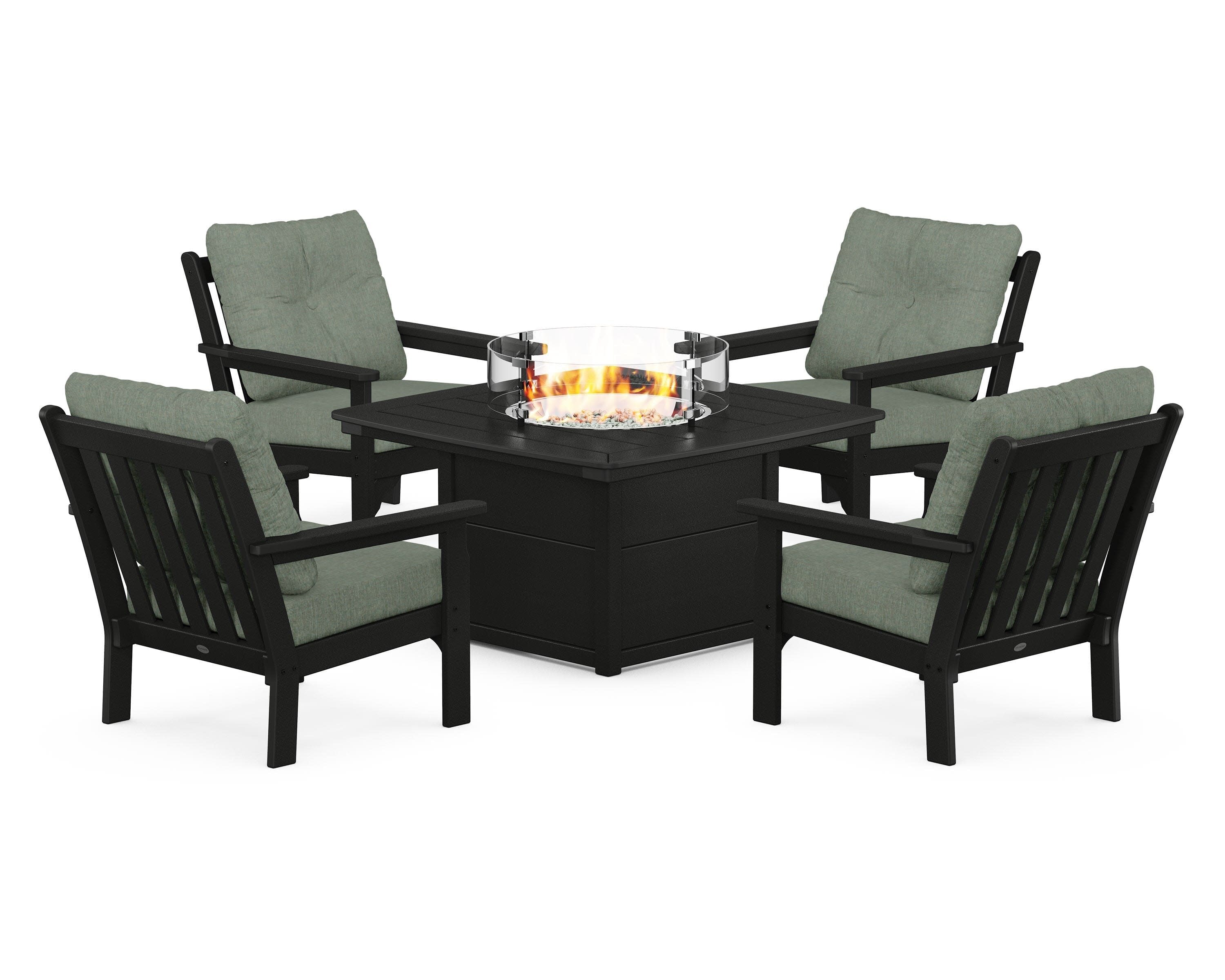 Vineyard 5-Piece Conversation Set with Fire Pit Table in Black / Cast Sage