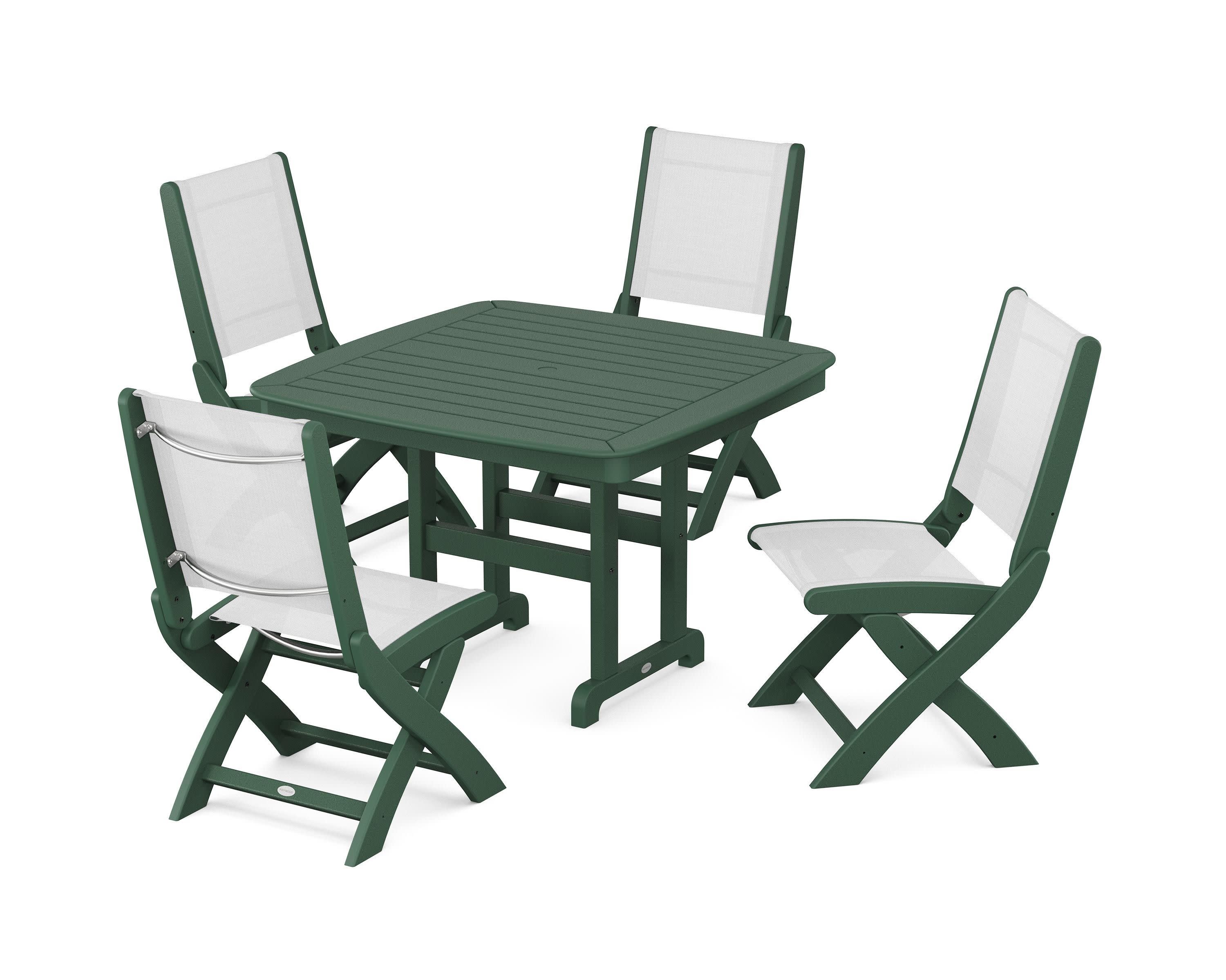 Coastal Folding Side Chair 5-Piece Dining Set in Green / White Sling