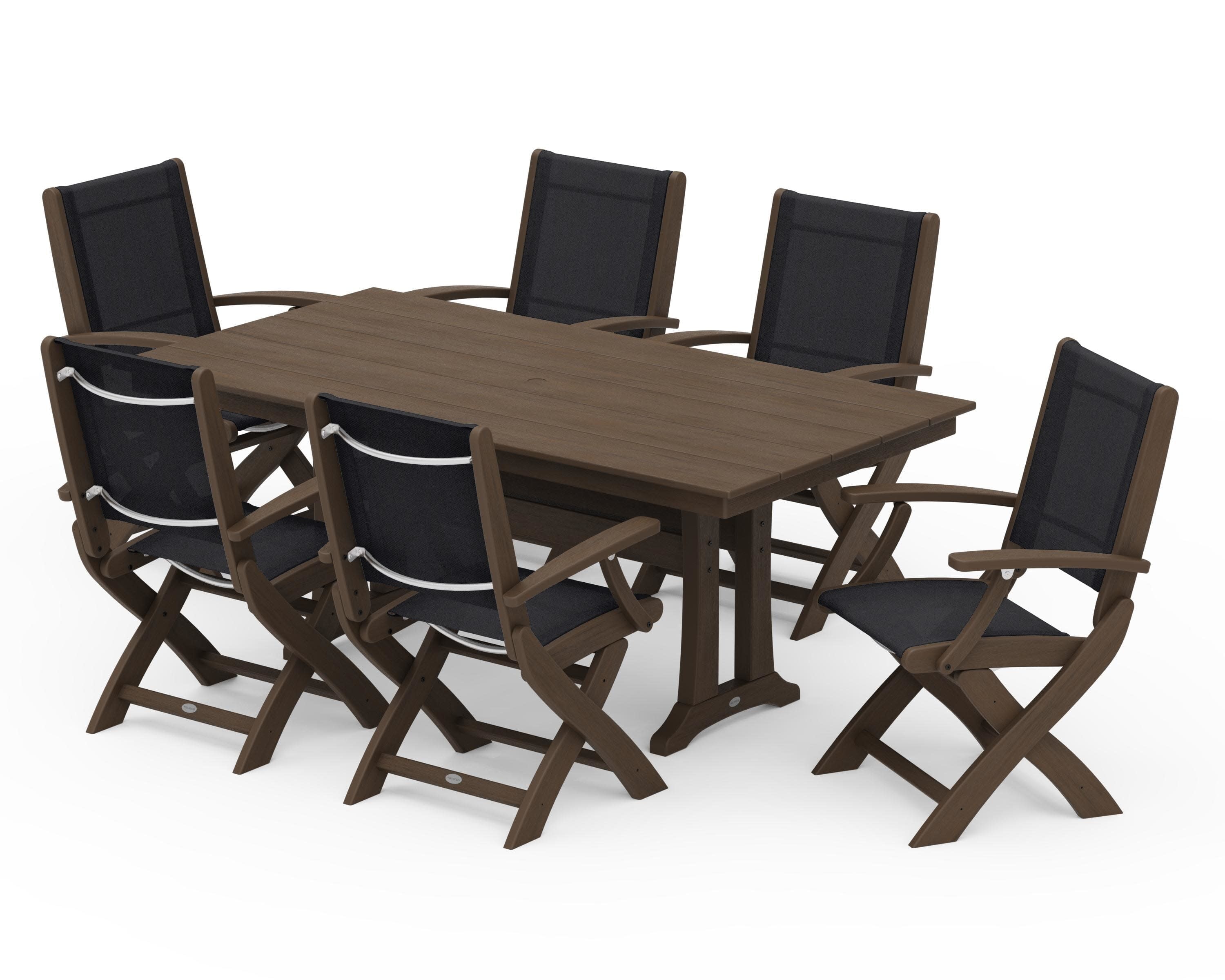 Coastal Folding Arm Chair 7-Piece Farmhouse Dining Set with Trestle Legs in Kona / Black Sling