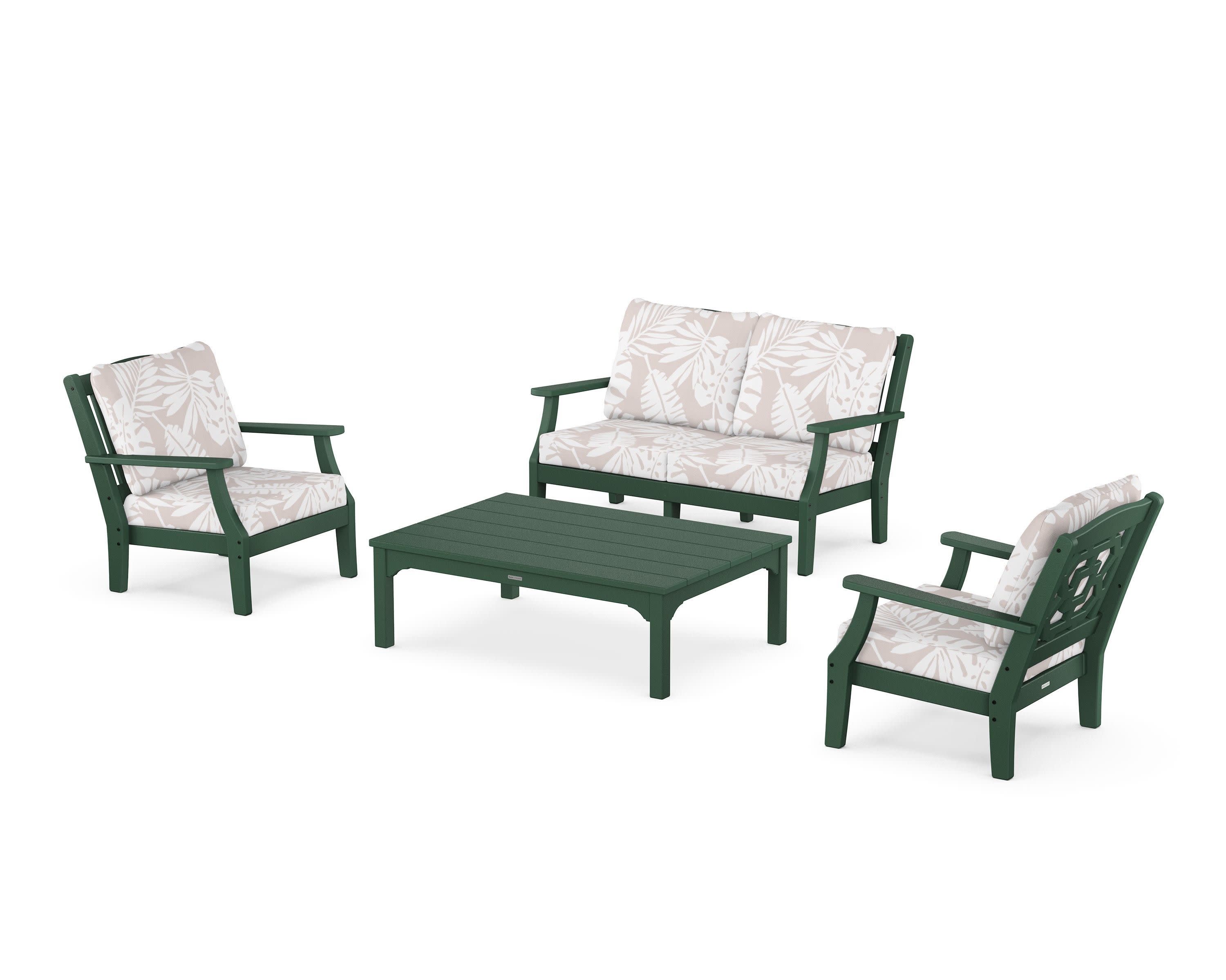 Chinoiserie 4-Piece Deep Seating Set with Loveseat in Green / Leaf Dune Burlap