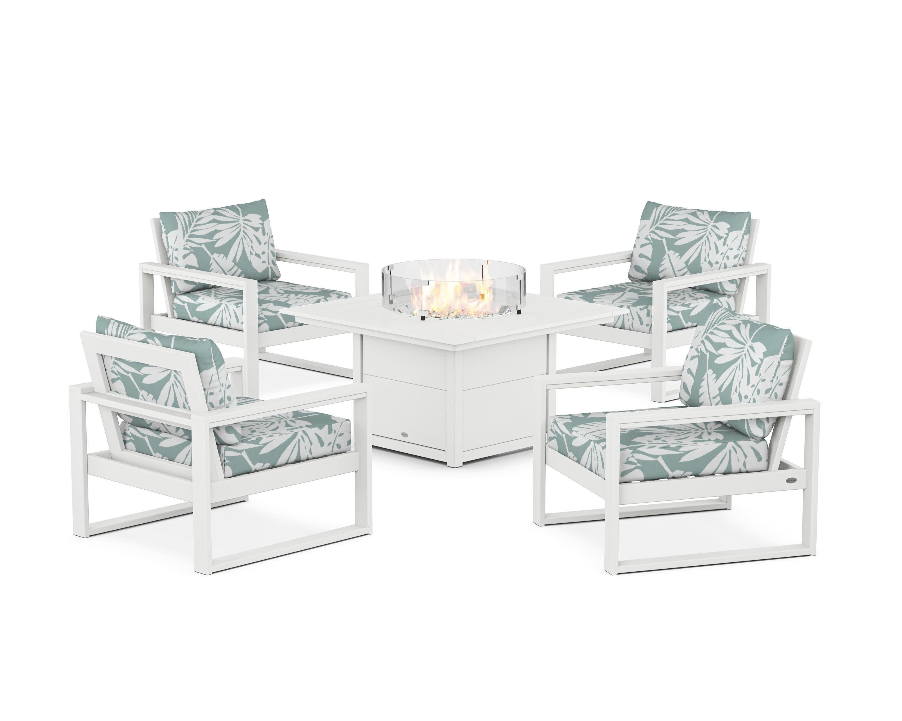 EDGE Sectional 5-Piece Deep Seating Set with Fire Pit Table in White / Leaf Glacier Spa