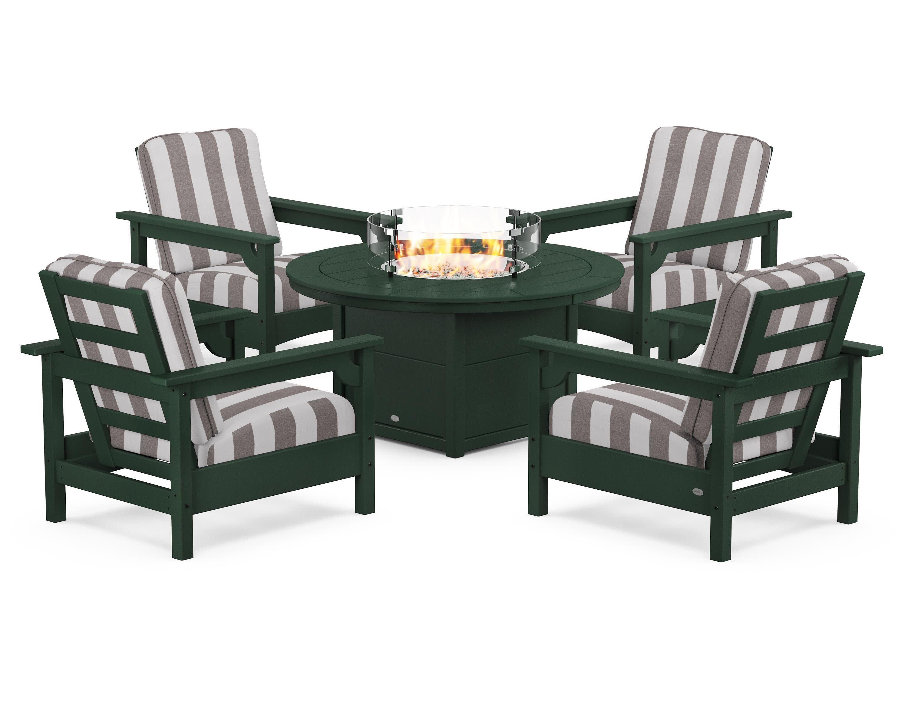 Club 5-Piece Conversation Set with Fire Pit Table in Green / Cabana Stripe Grey Mist