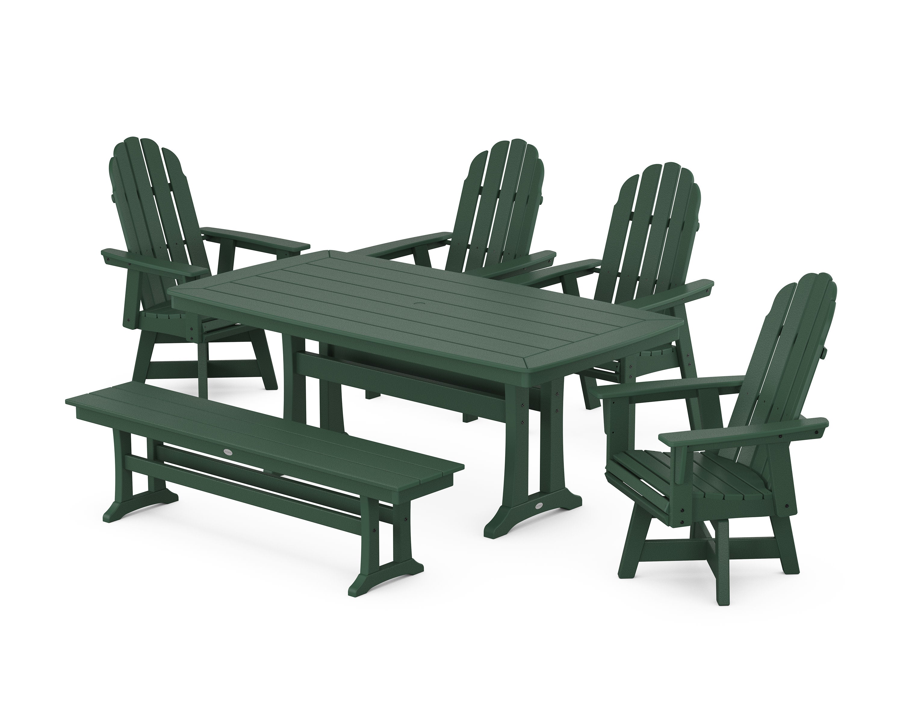 Vineyard Curveback Adirondack Swivel Chair 6-Piece Dining Set with Trestle Legs and Bench in Green