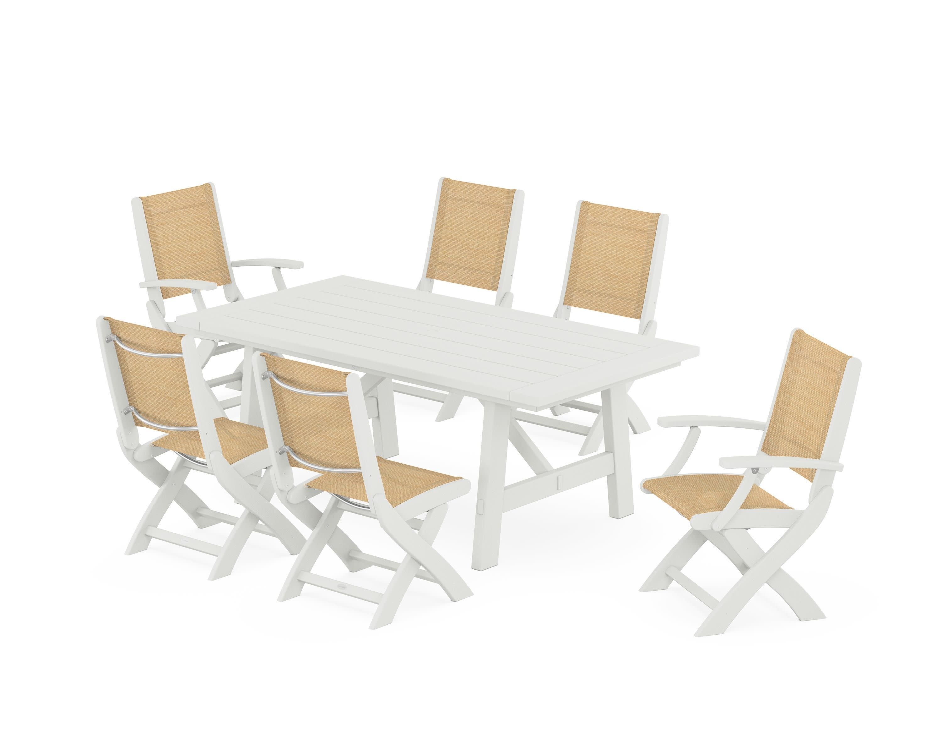Coastal Folding Chair 7-Piece Rustic Farmhouse Dining Set in Vintage White / Dupioni Apricot Sling