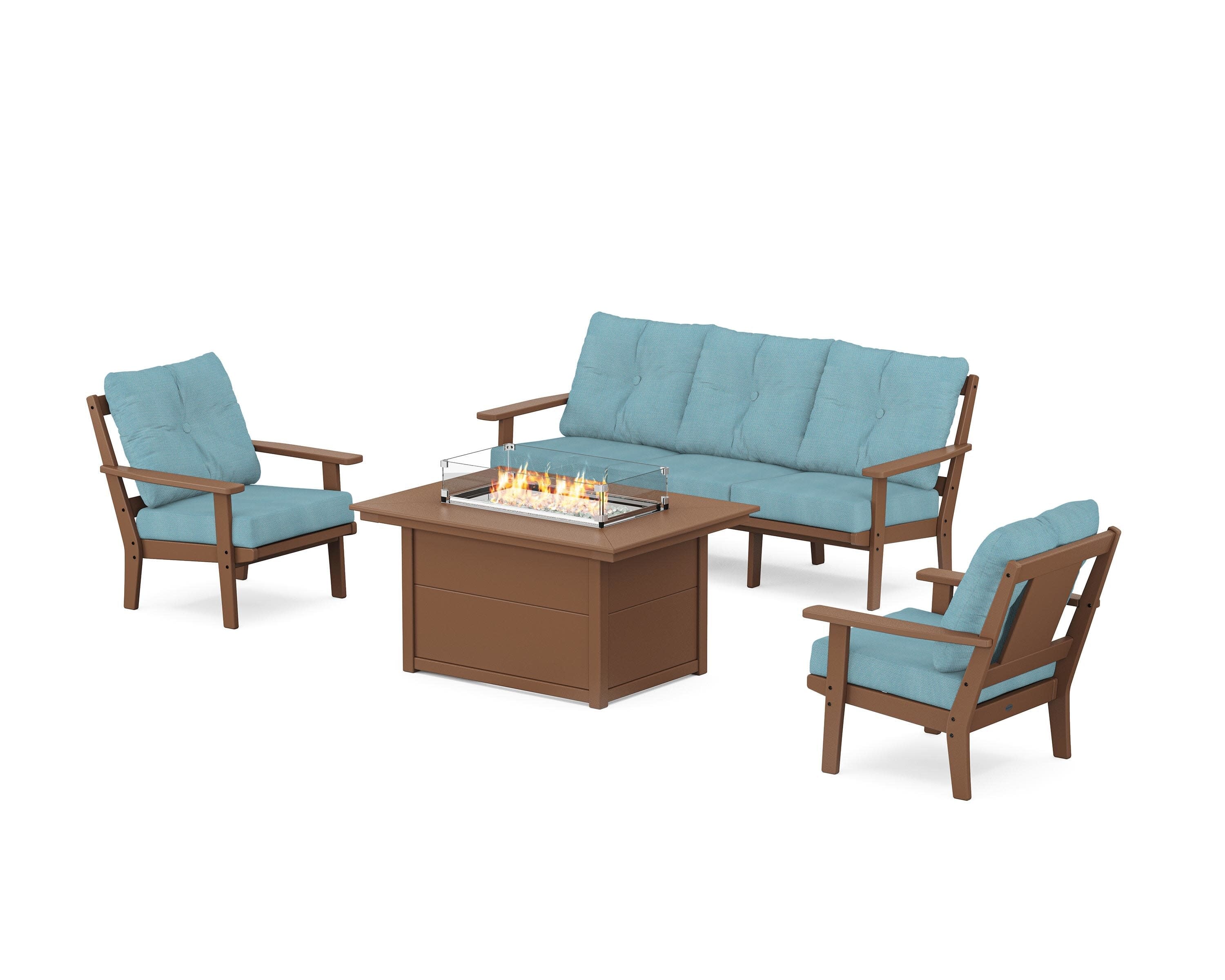 Prairie Deep Seating Fire Pit Table Set in Teak / Lattice Sky Blue