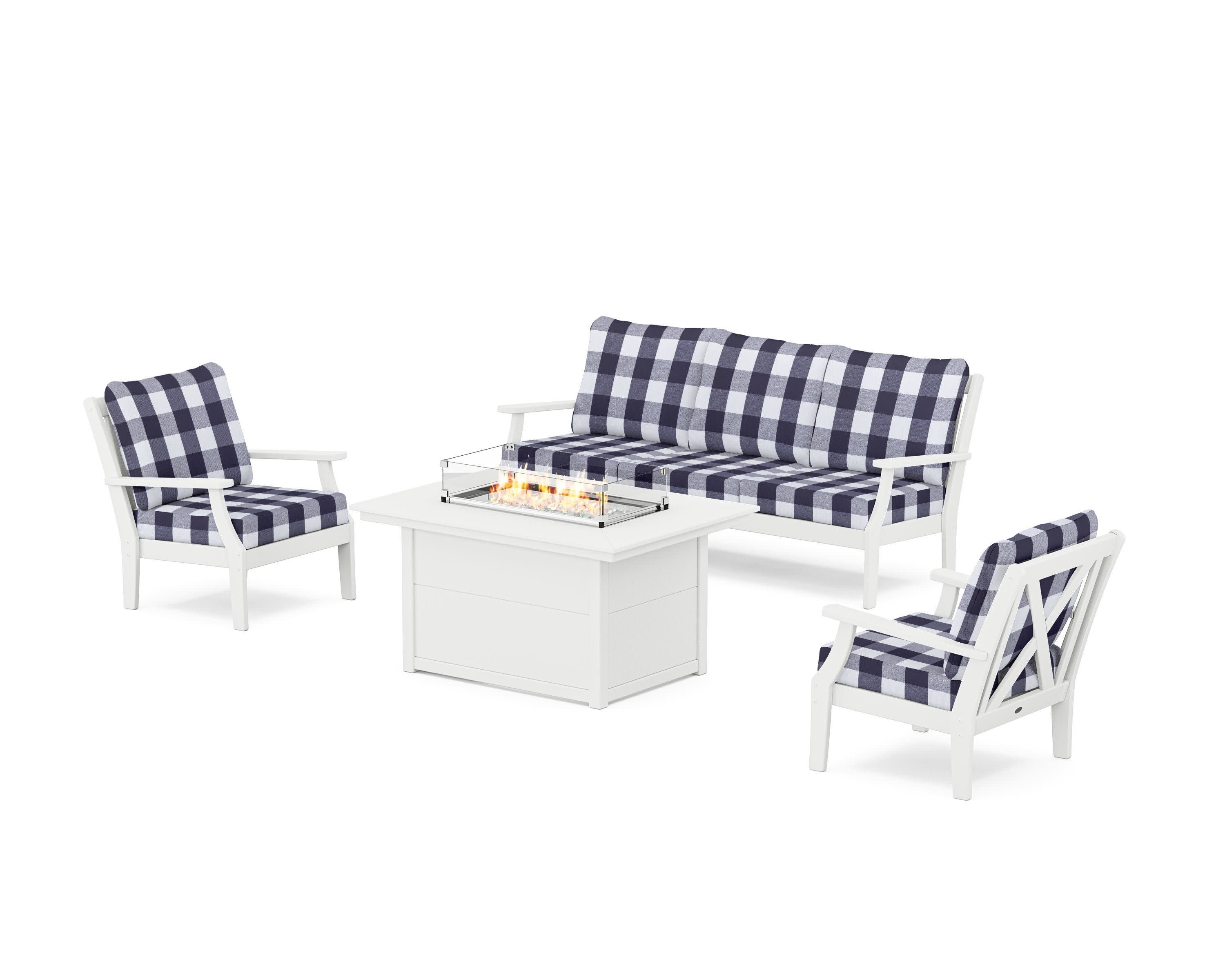 Braxton Deep Seating Fire Pit Table Set in White / Buffalo Plaid Navy