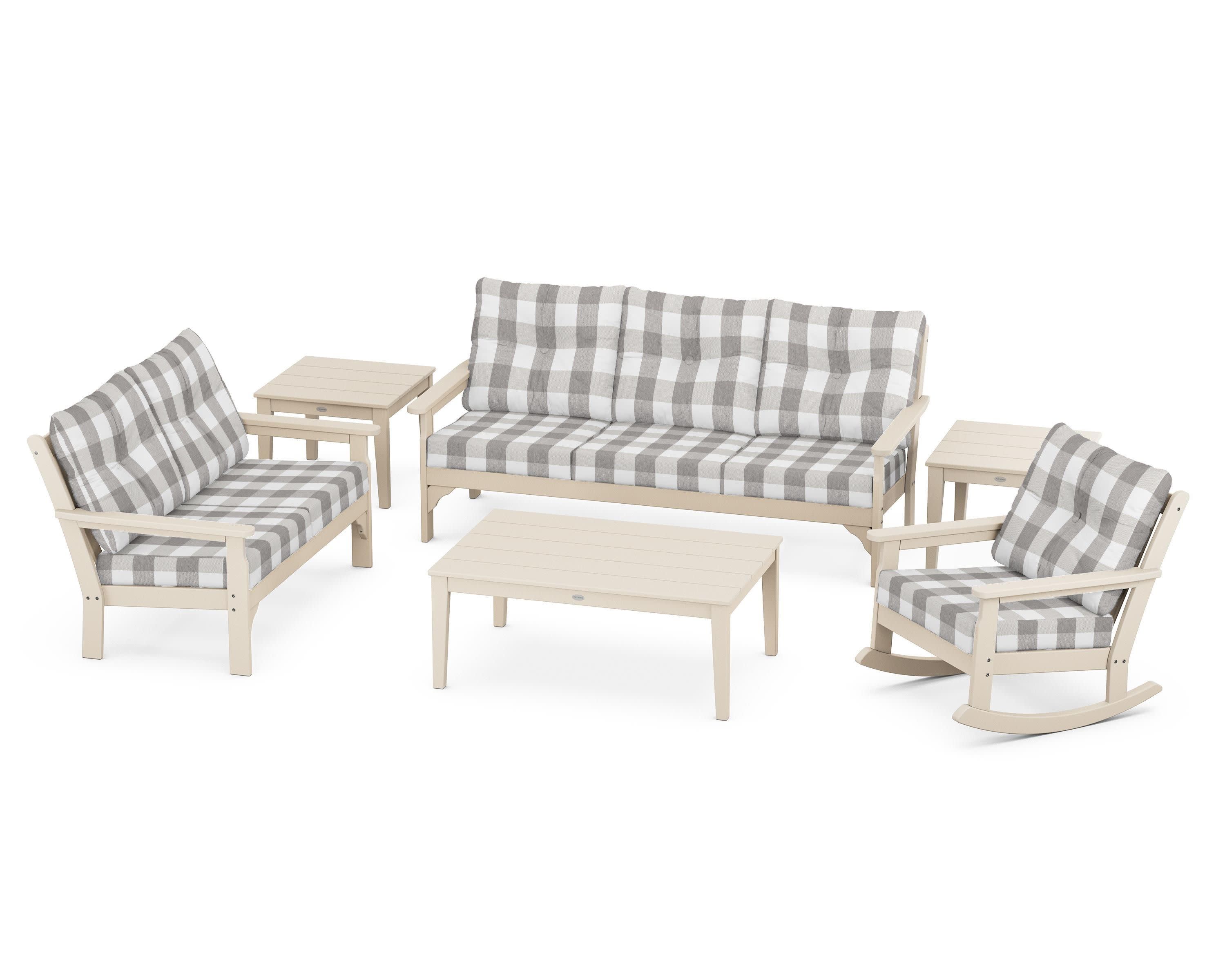Vineyard 6-Piece Deep Seating Set in Sand / Buffalo Plaid Grey Mist
