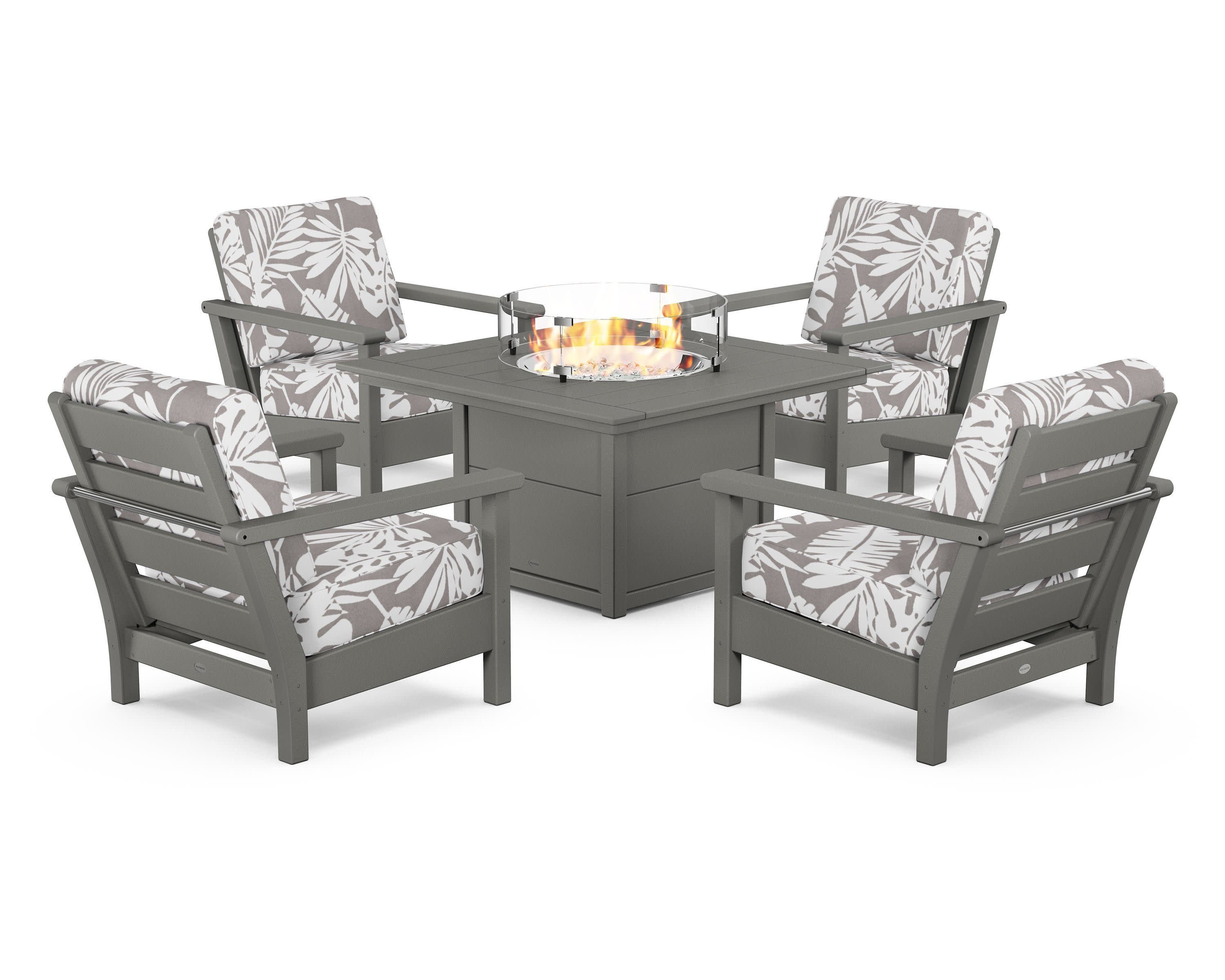 Harbour 5-Piece Conversation Set with Fire Pit Table in Slate Grey / Leaf Grey Mist