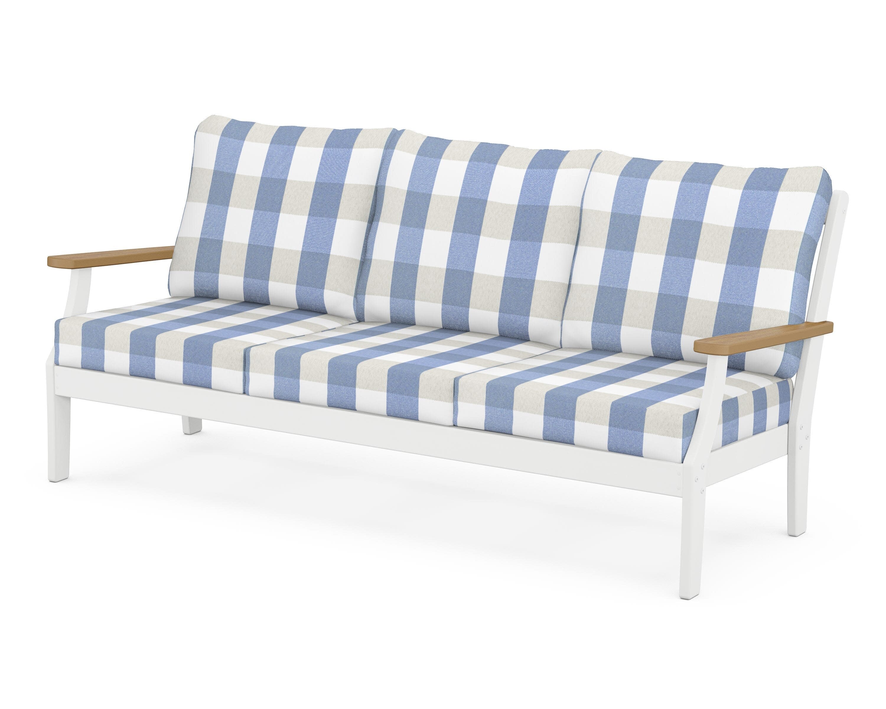 Braxton Deep Seating Sofa in White / Natural / Buffalo Plaid Sky Blue