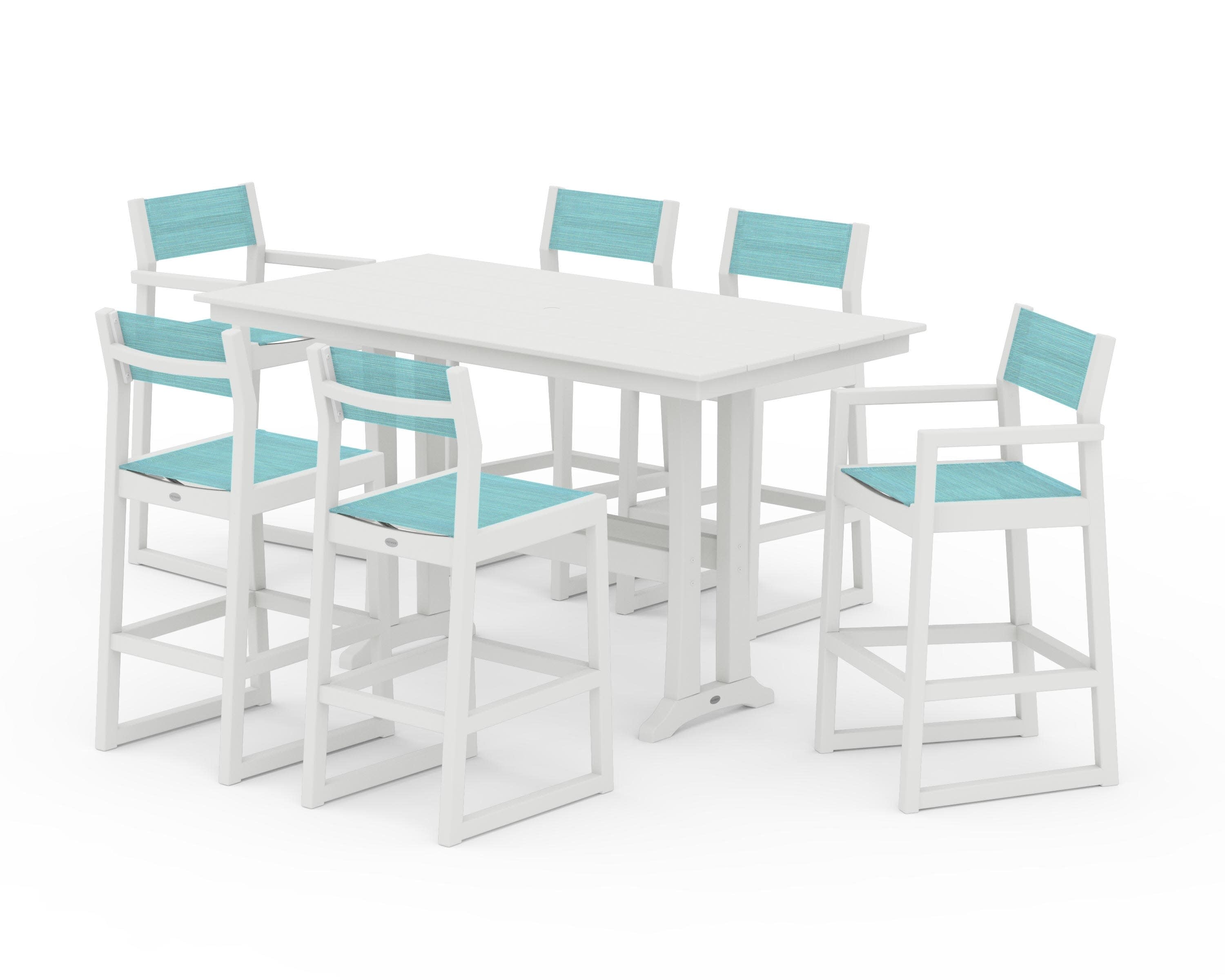 EDGE Sling 7-Piece Farmhouse Bar Set with Trestle Legs in Vintage White / Dupioni Aquamarine Sling