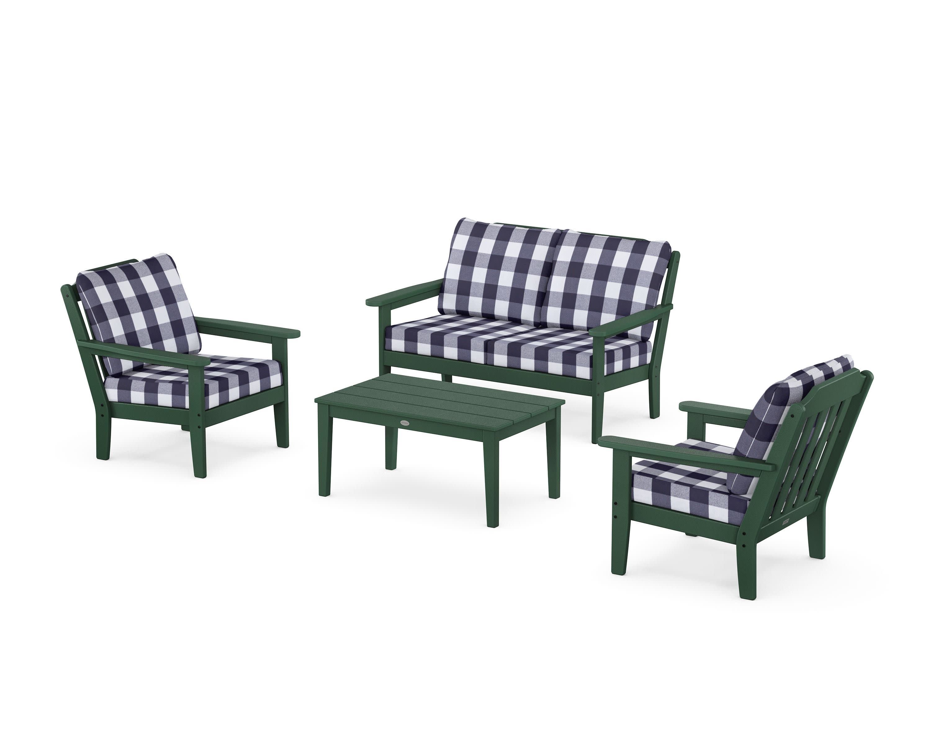 Cottage 4-Piece Deep Seating Set with Loveseat in Green / Buffalo Plaid Navy