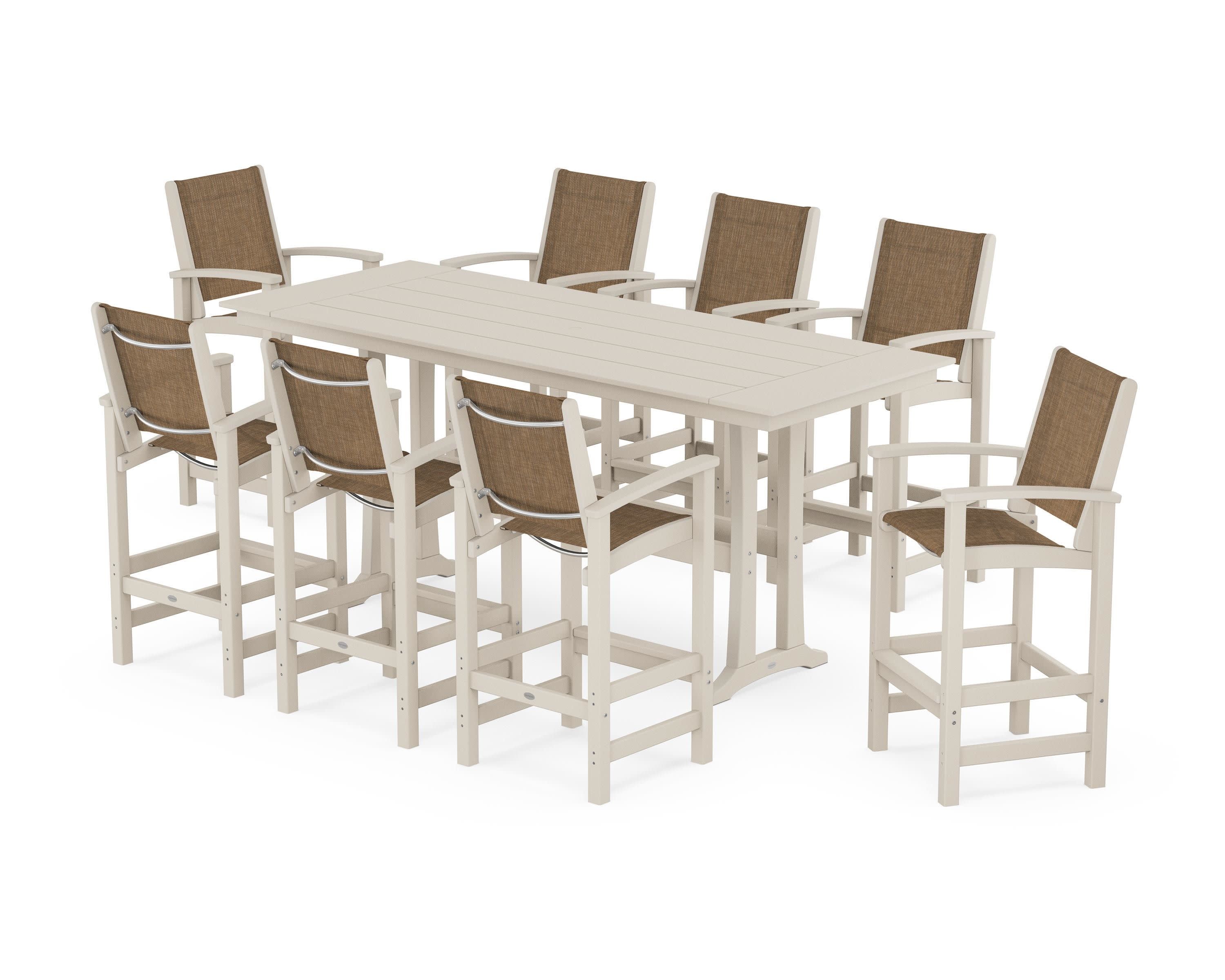 Coastal 9-Piece Farmhouse Bar Set with Trestle Legs in Sand / Burlap Sling