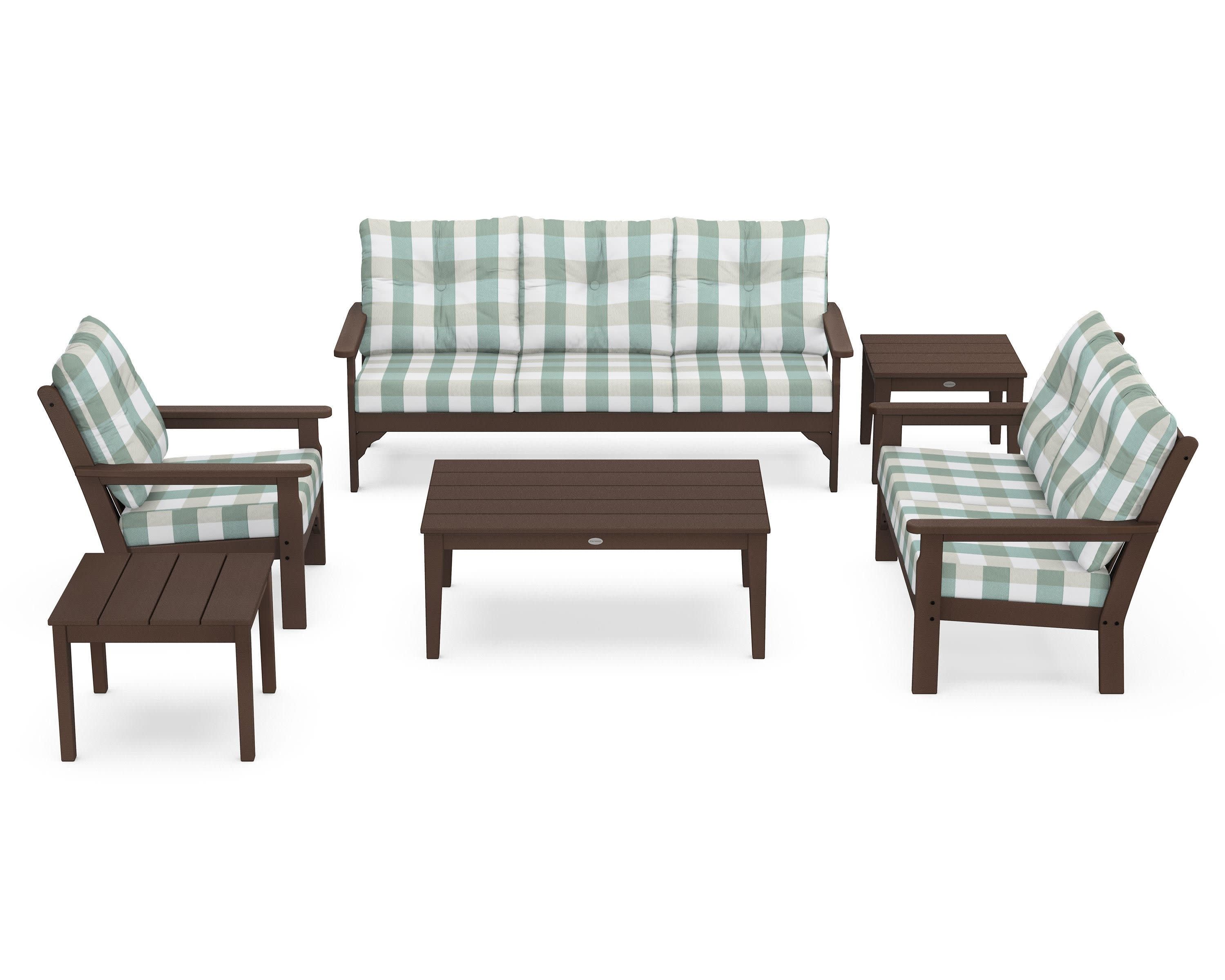 Vineyard 6-Piece Deep Seating Set in Mahogany / Buffalo Plaid Glacier Spa