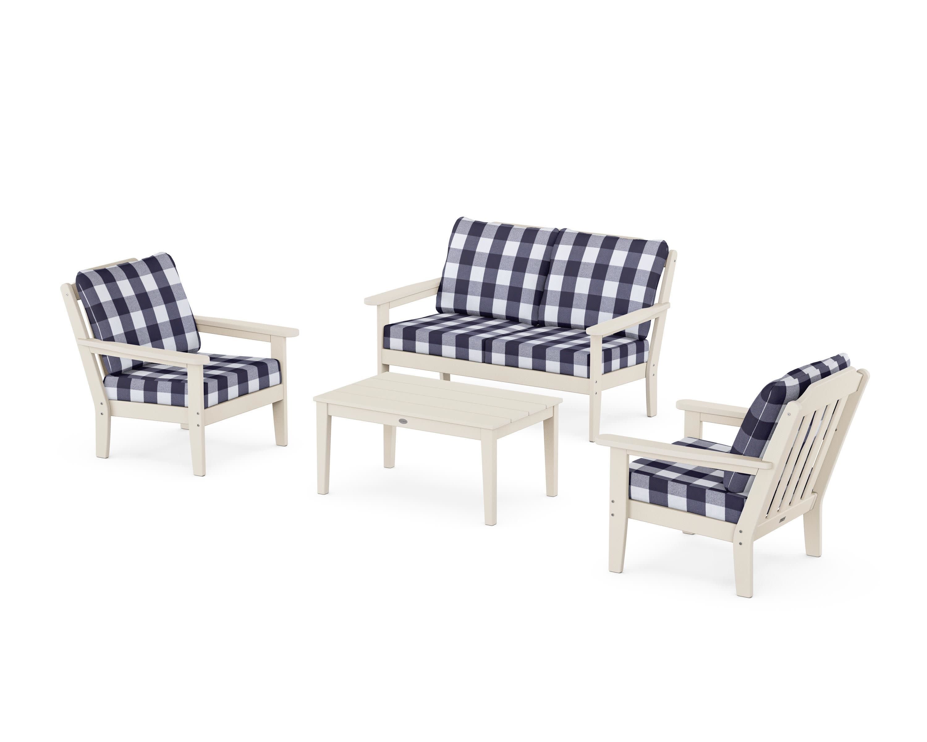 Cottage 4-Piece Deep Seating Set with Loveseat in Sand / Buffalo Plaid Navy