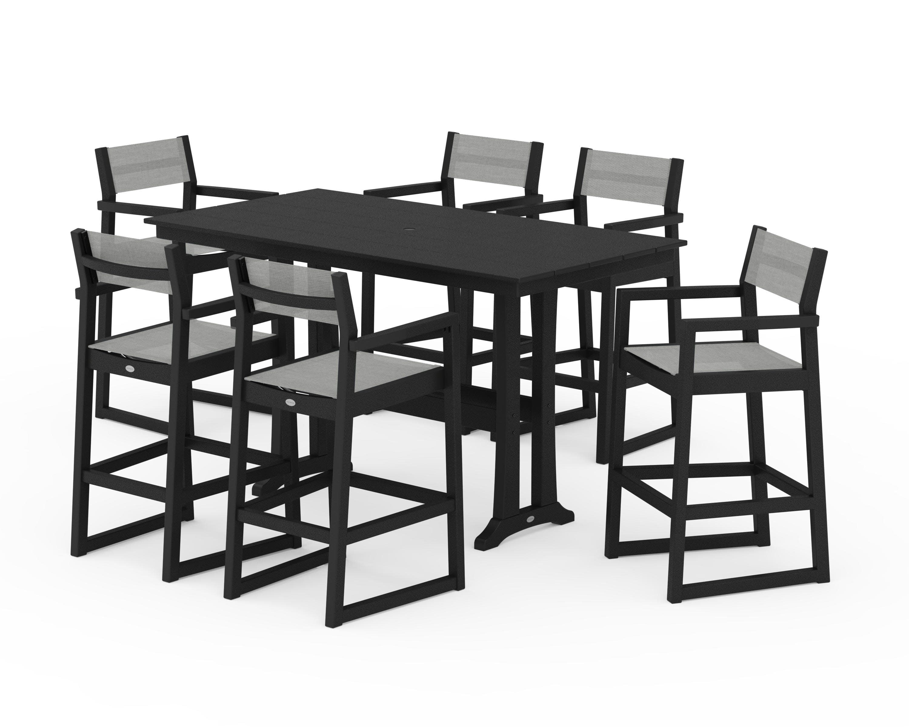 EDGE Sling Arm Chair 7-Piece Farmhouse Bar Set with Trestle Legs in Black / Metallic Sling