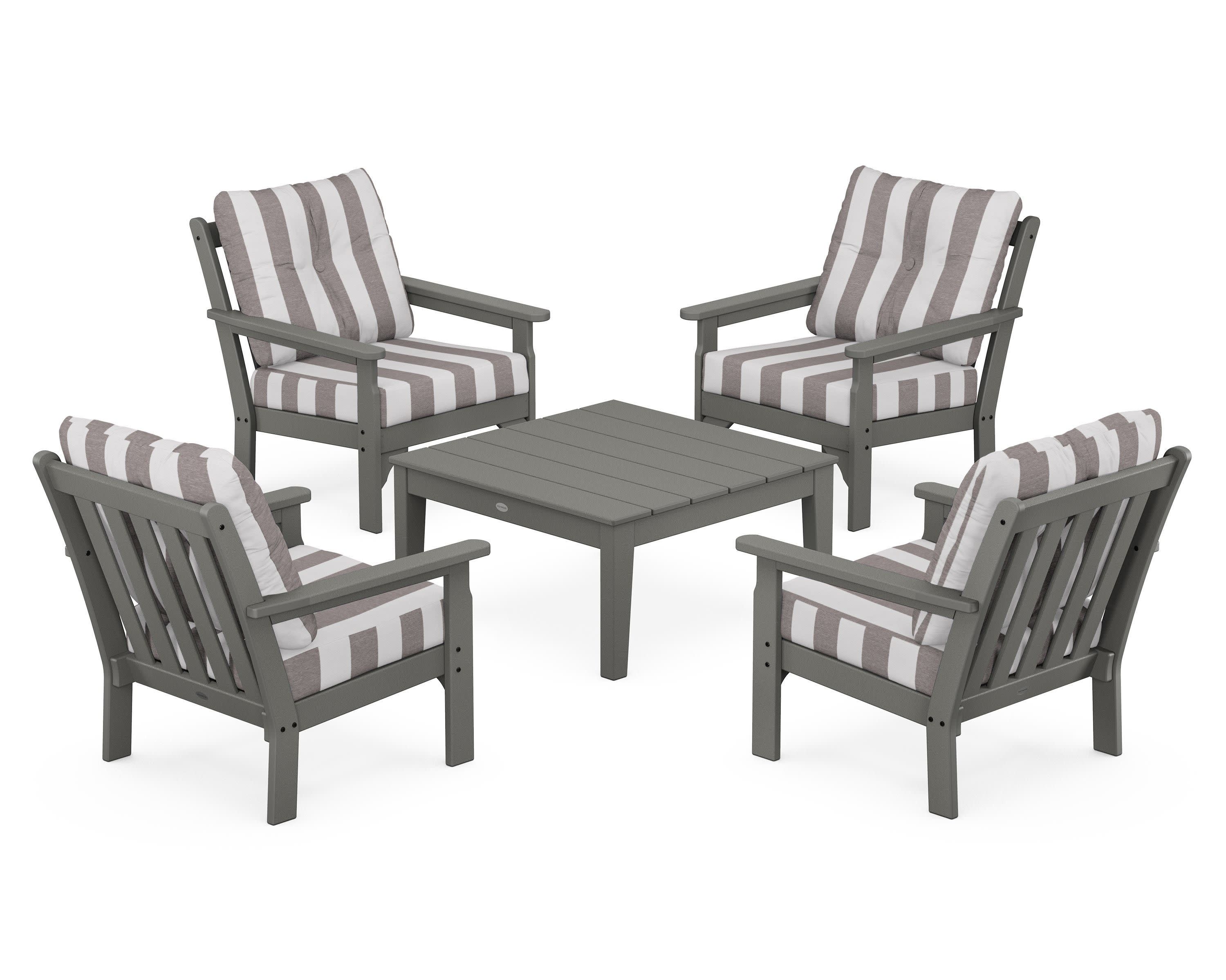 Vineyard 5-Piece Deep Seating Conversation Set in Slate Grey / Cabana Stripe Grey Mist