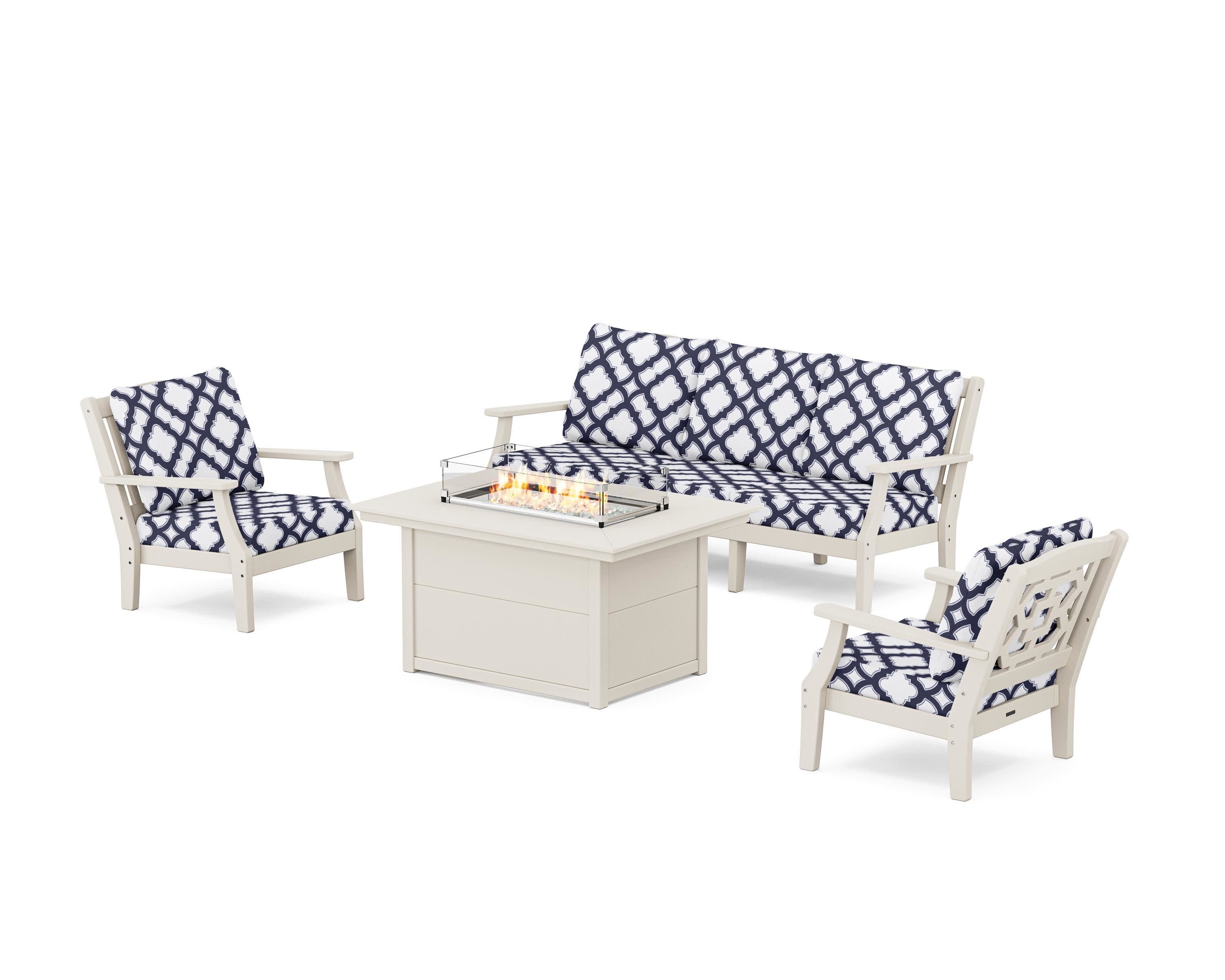 Chinoiserie Deep Seating Fire Pit Table Set in Sand / Trellis Navy