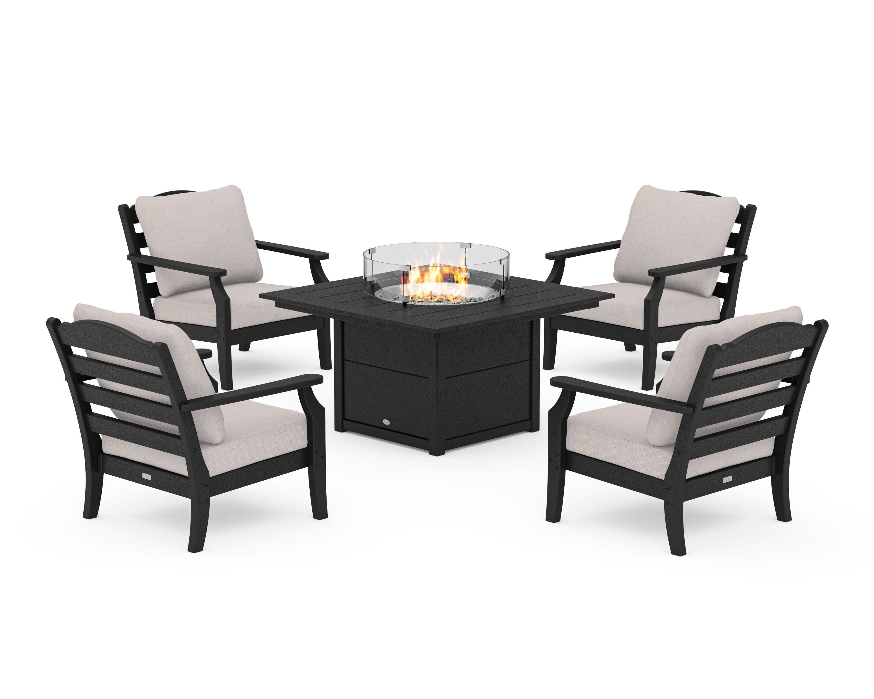Savannah 5-Piece Deep Seating Set with Fire Pit Table in Black / Dune Burlap