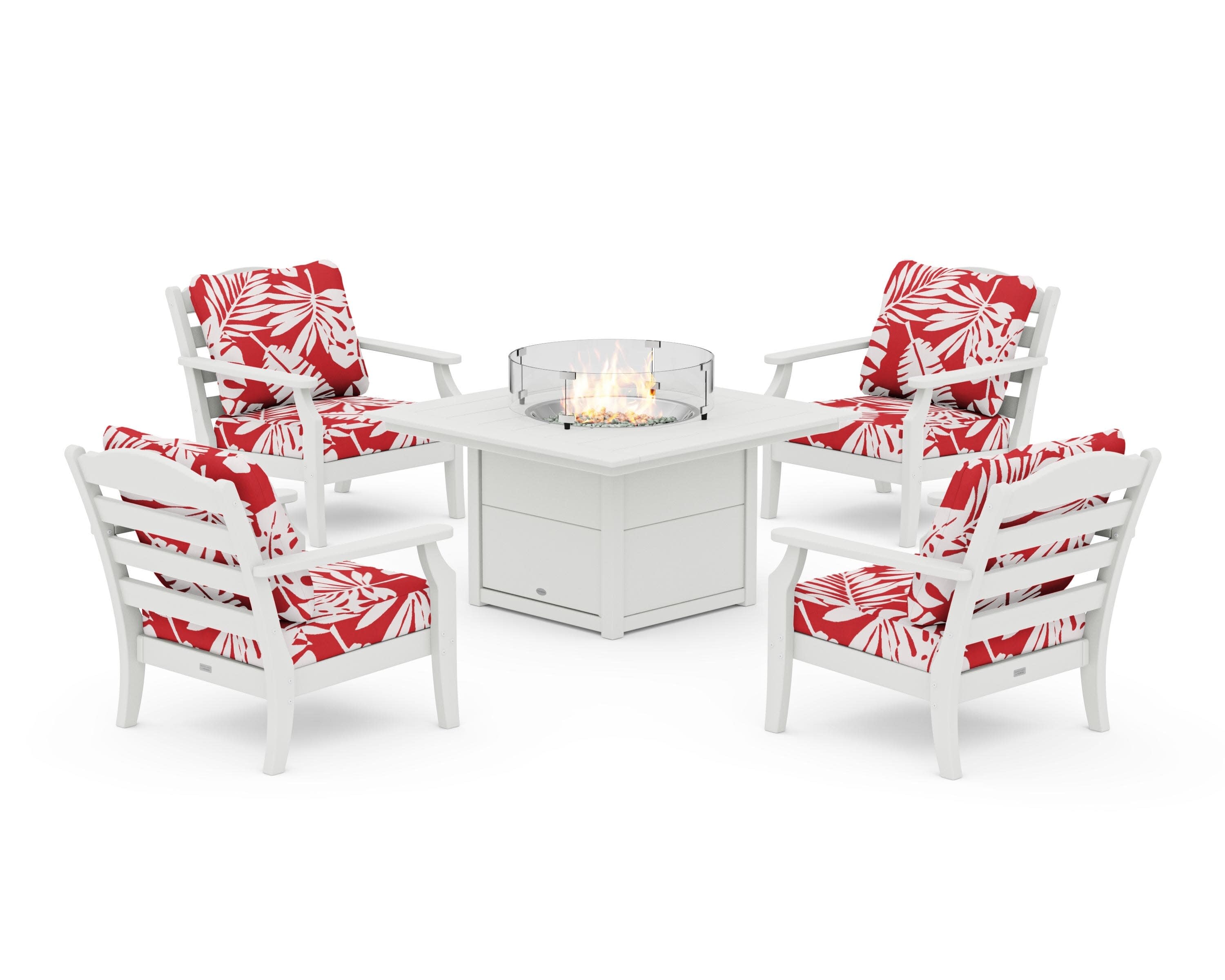 Savannah 5-Piece Deep Seating Set with Fire Pit Table in Vintage White / Leaf Crimson