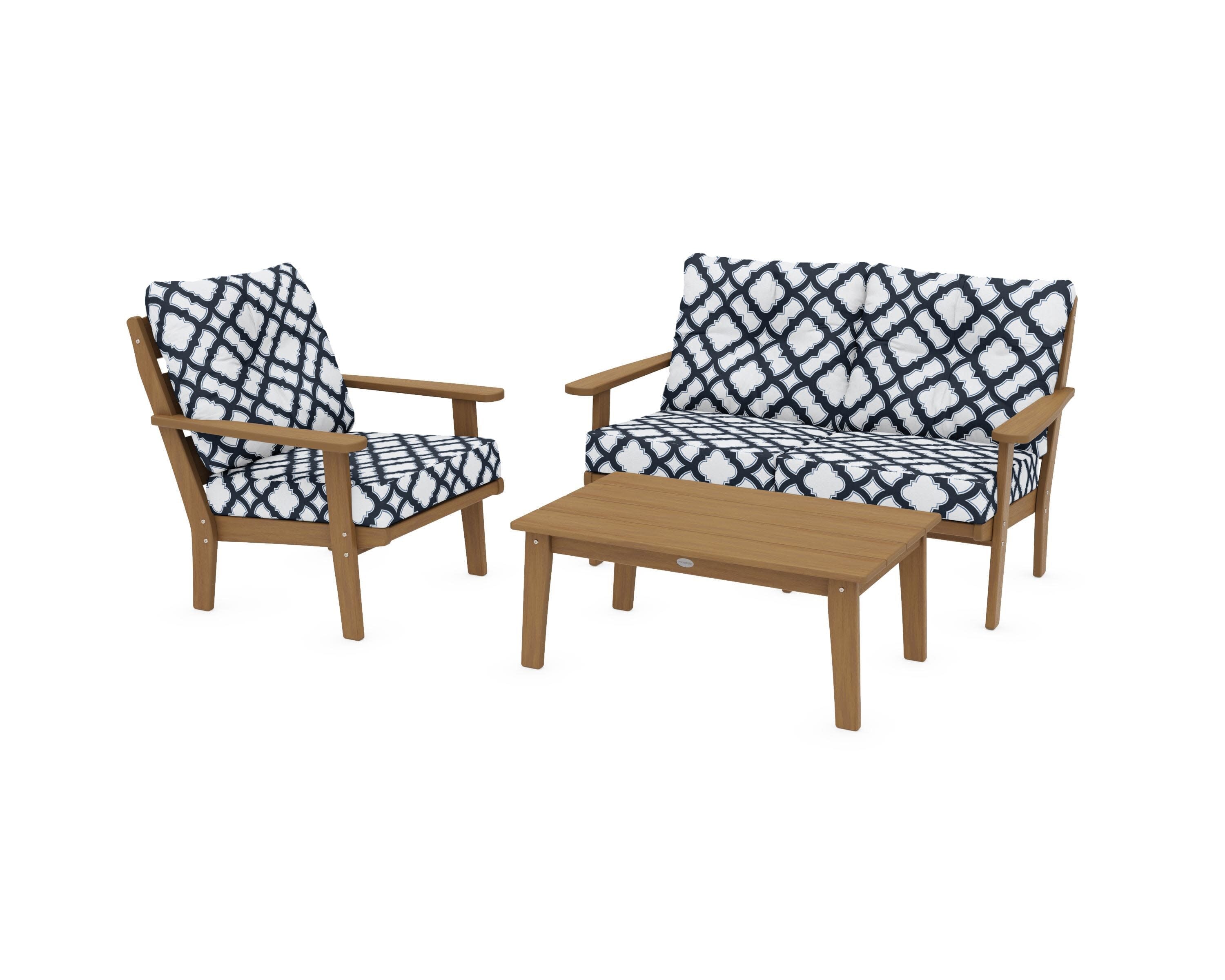 Lakeside 3-Piece Deep Seating Set in Natural / Trellis Marine Indigo