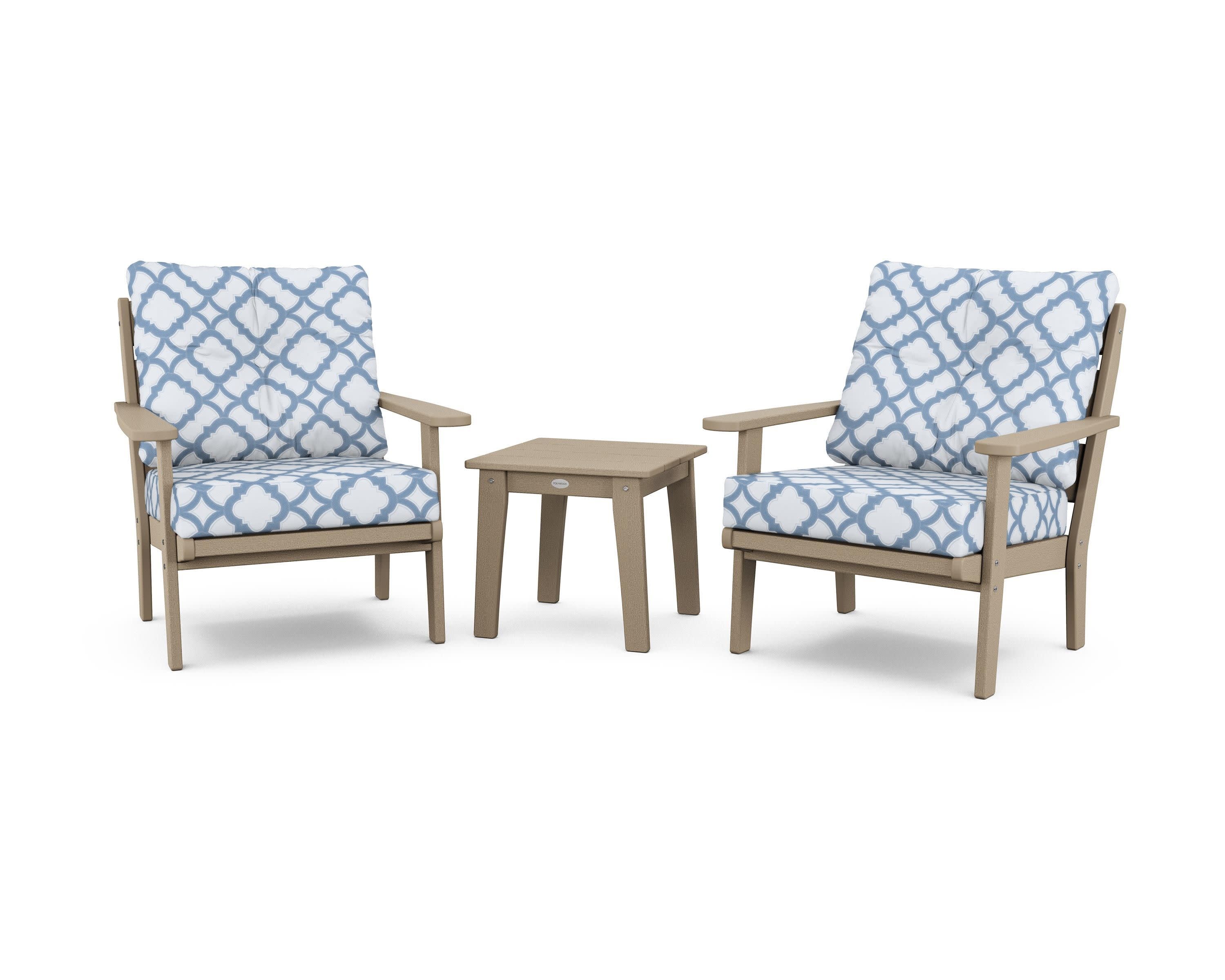 Lakeside 3-Piece Deep Seating Chair Set in Vintage Sahara / Trellis Sky Blue