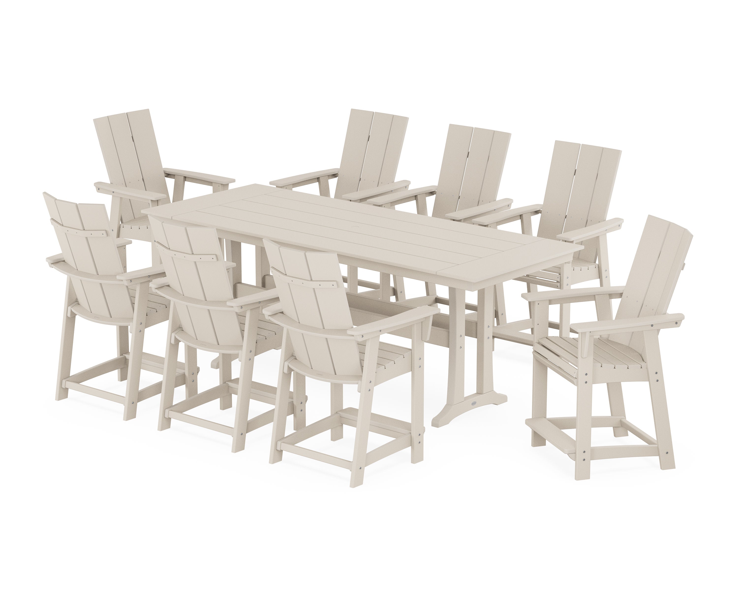 Modern Curveback Adirondack 9-Piece Farmhouse Counter Set with Trestle Legs in Sand