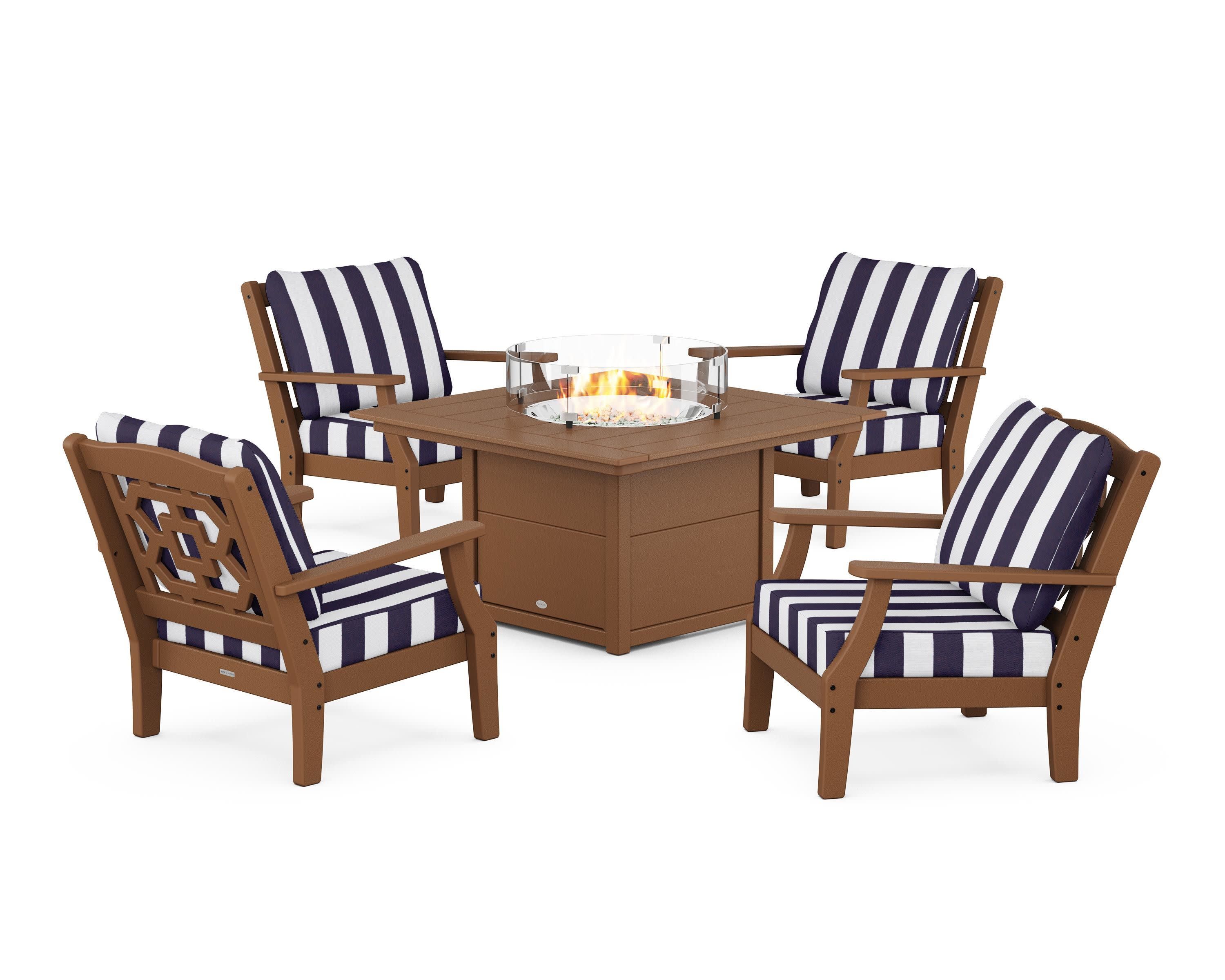 Chinoiserie 5-Piece Deep Seating Set with Fire Pit Table in Teak / Cabana Stripe Navy