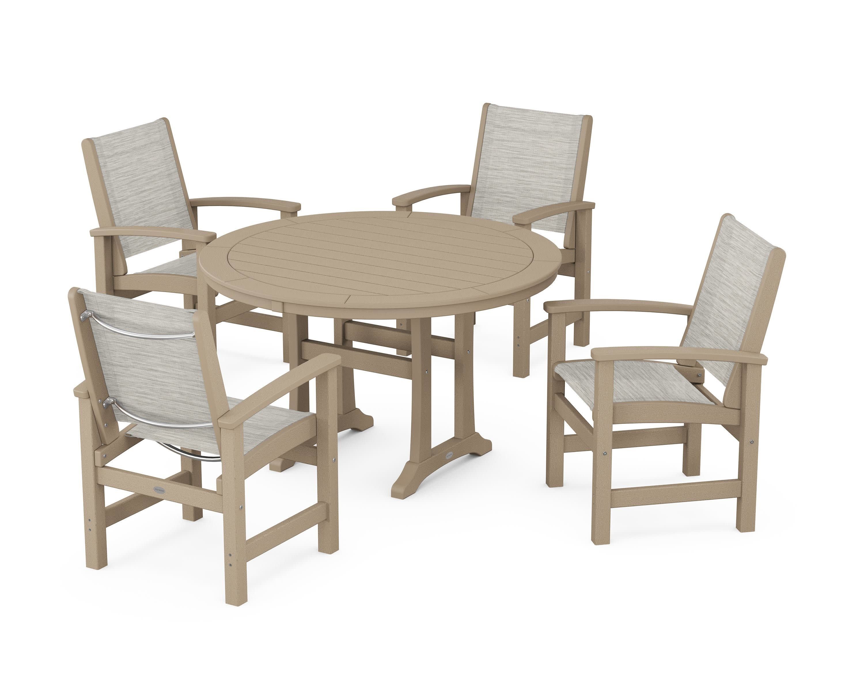 Coastal 5-Piece Round Dining Set with Trestle Legs in Vintage Sahara / Birch Sling