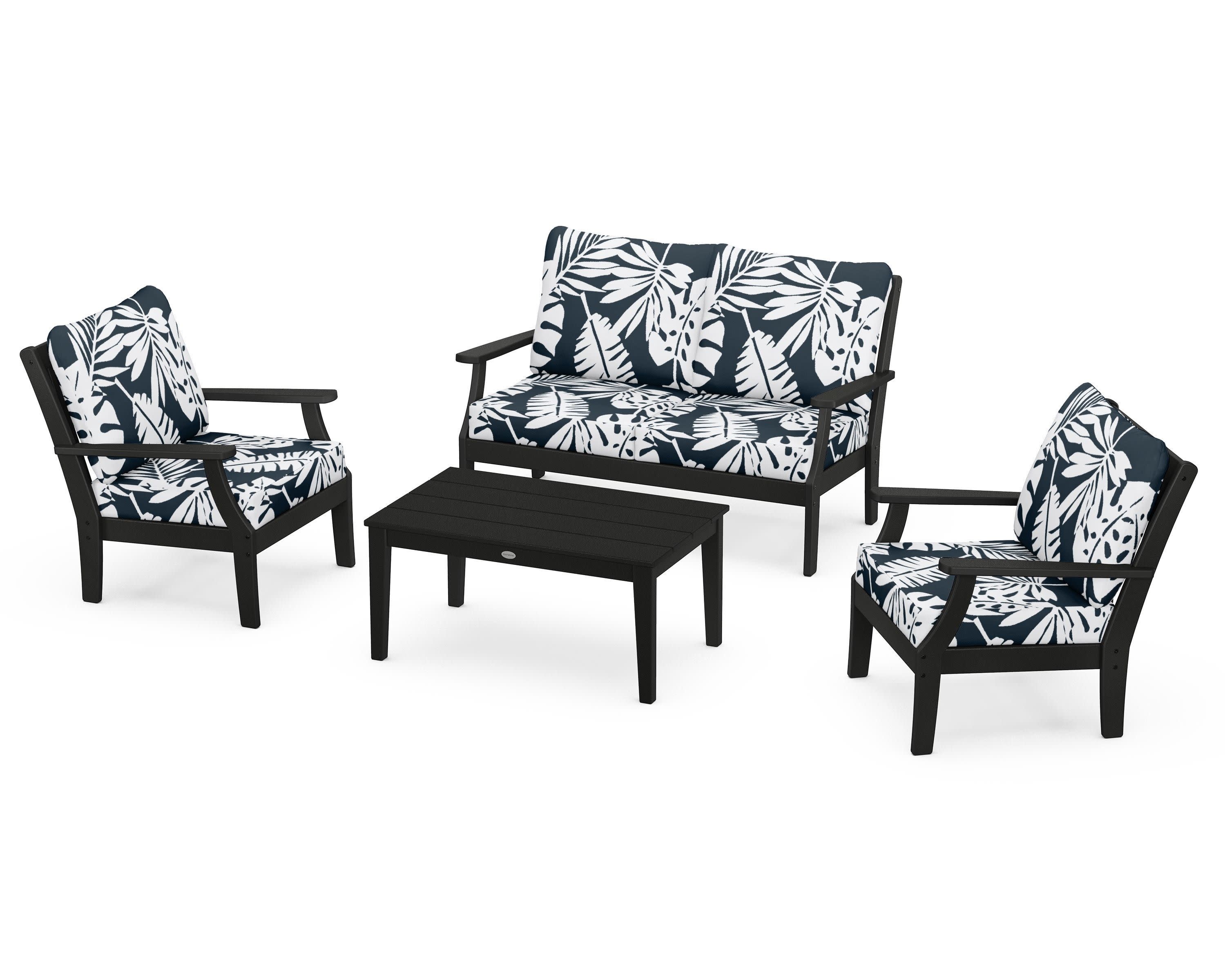 Braxton 4-Piece Deep Seating Chair Set in Black / Leaf Marine Indigo