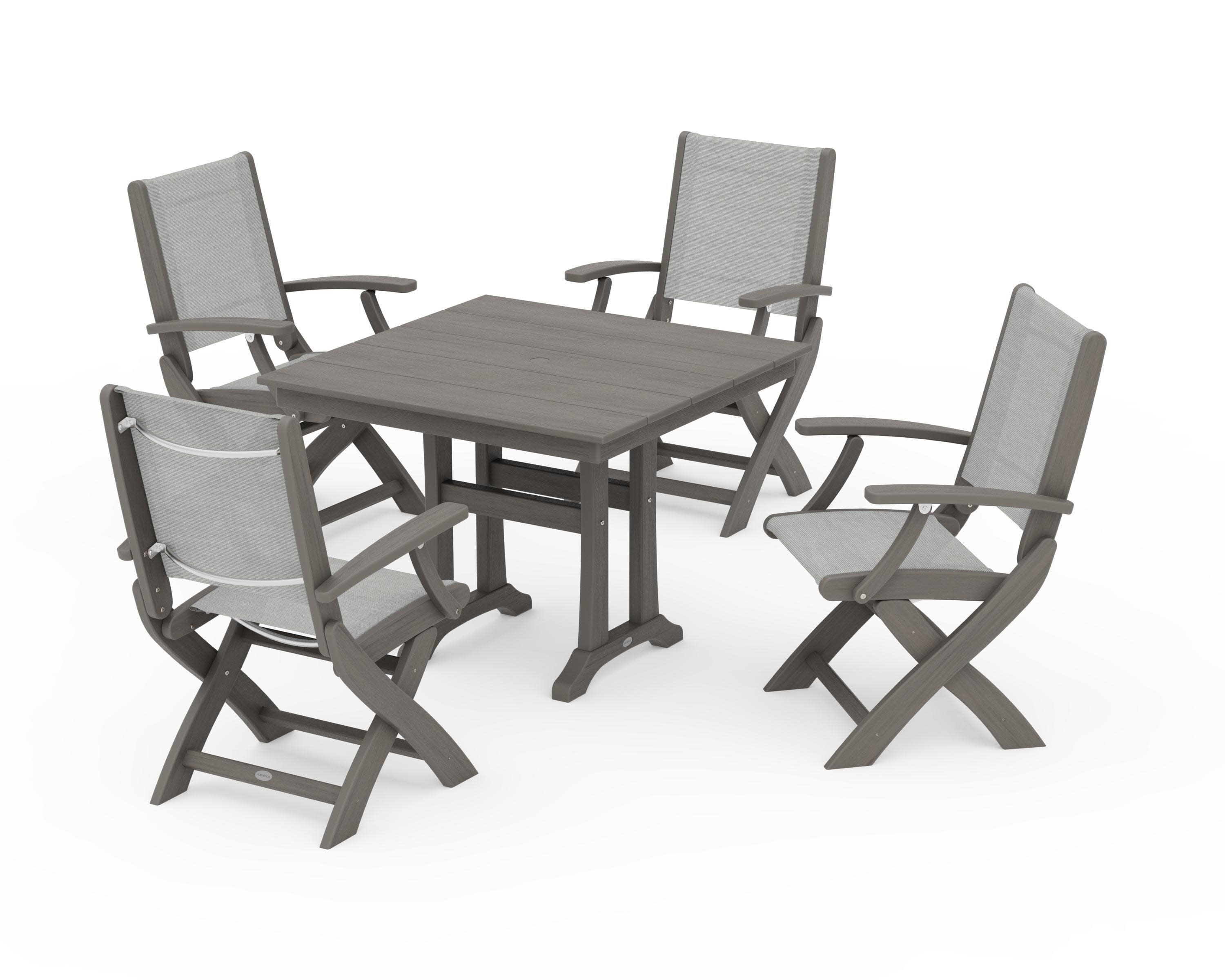 Coastal Folding Chair 5-Piece Farmhouse Dining Set With Trestle Legs in Driftwood / Metallic Sling
